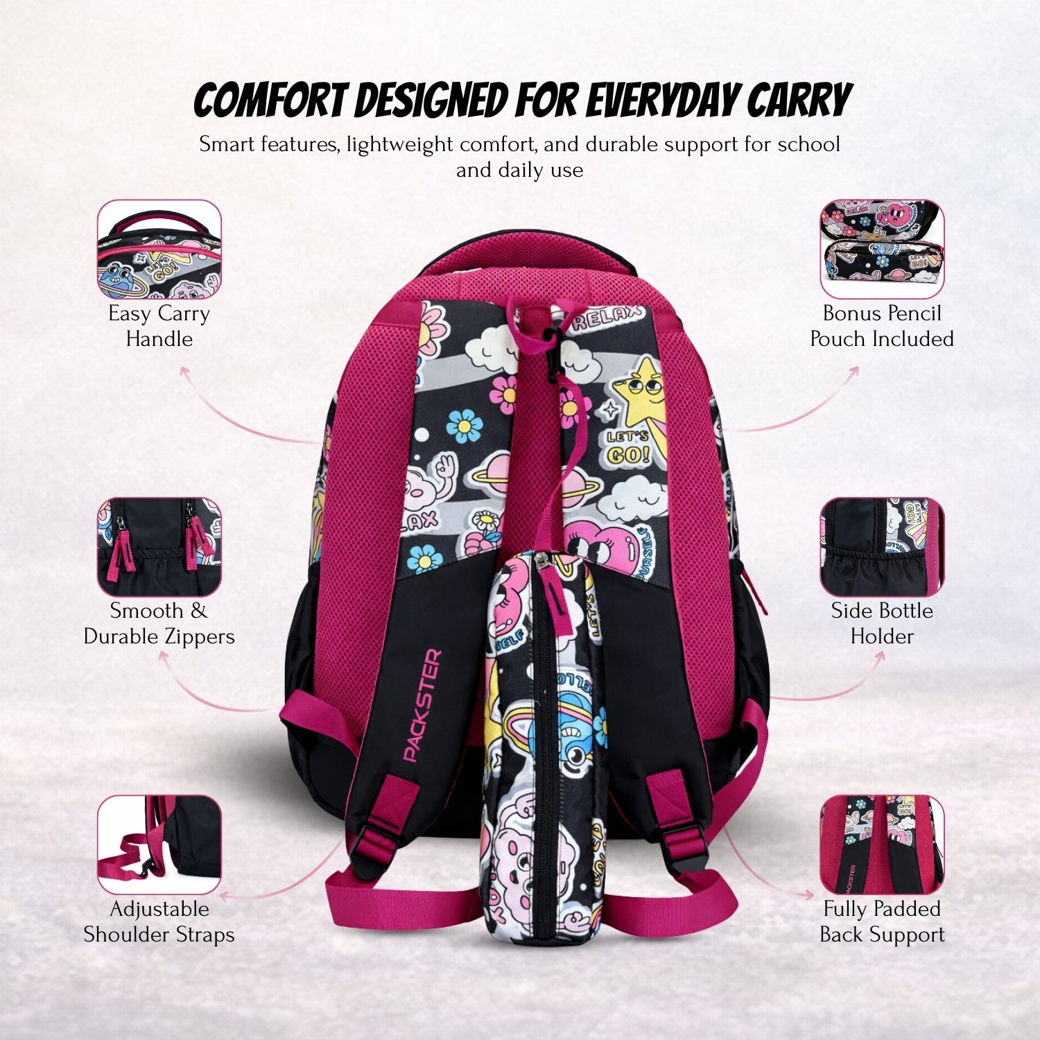 Packster Relax 3 compartments Kids Bag For School |  35L School Bag For Girls With Stationery Pouch | Lightweight | Water-Resistant | Black Cartoon Design