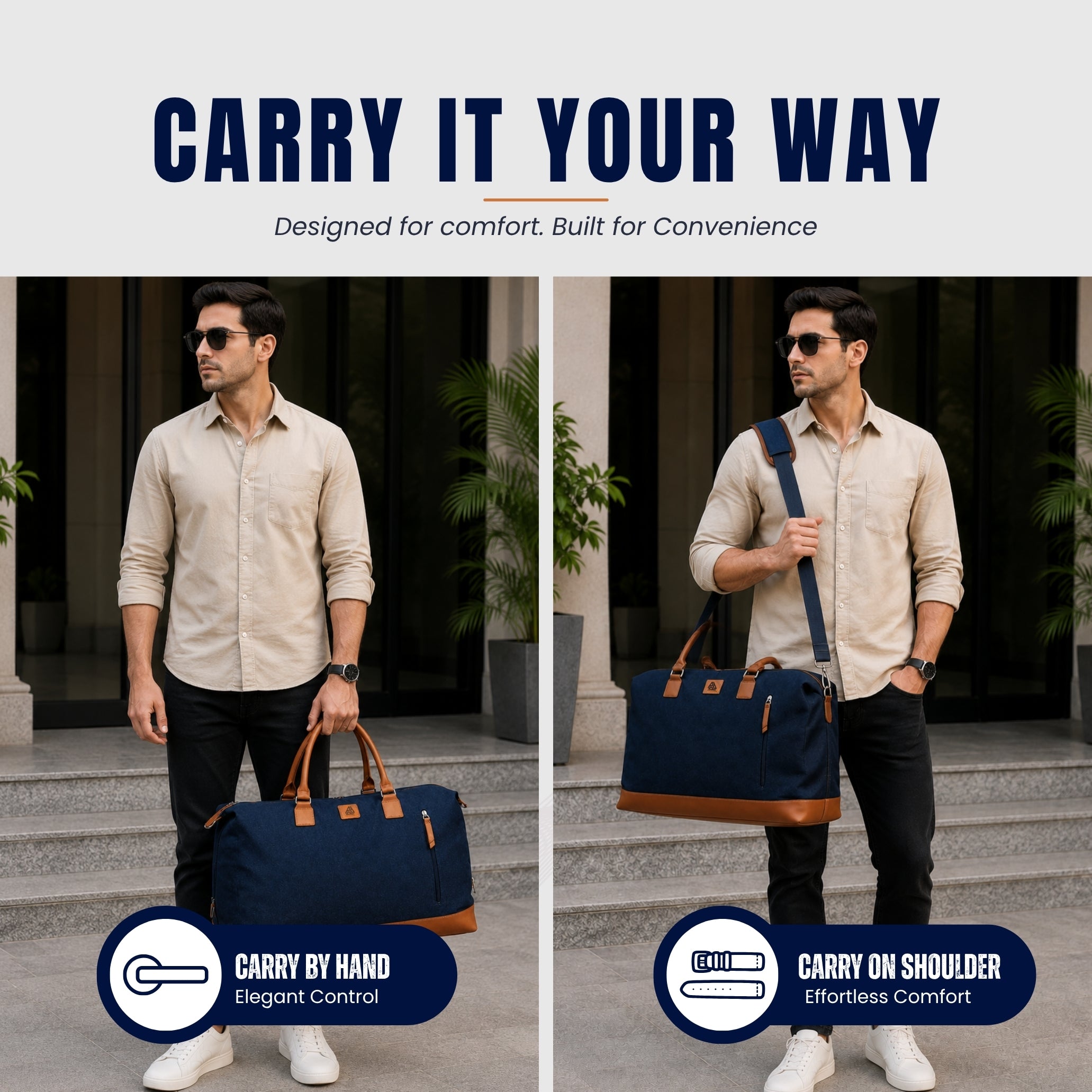  Navy + Tan Weekender Duffle Bag for Men