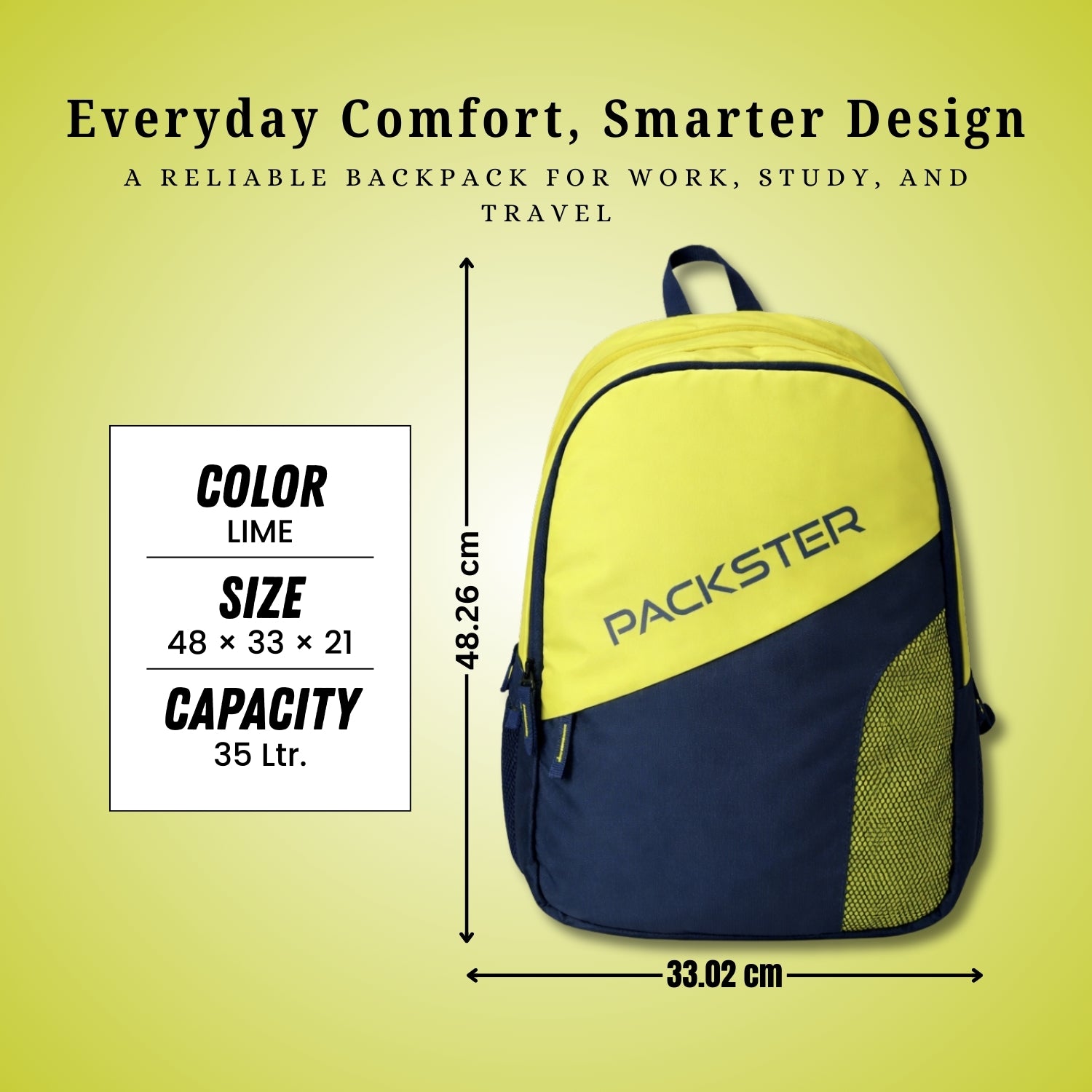 Packster BTC Horizon 35L Casual Laptop Backpack for Men & Women | Water-Resistant | Triple Compartment | Lightweight Durable College, Travel & Daily Use Bag with Bottle Holders (Lime/Navy)