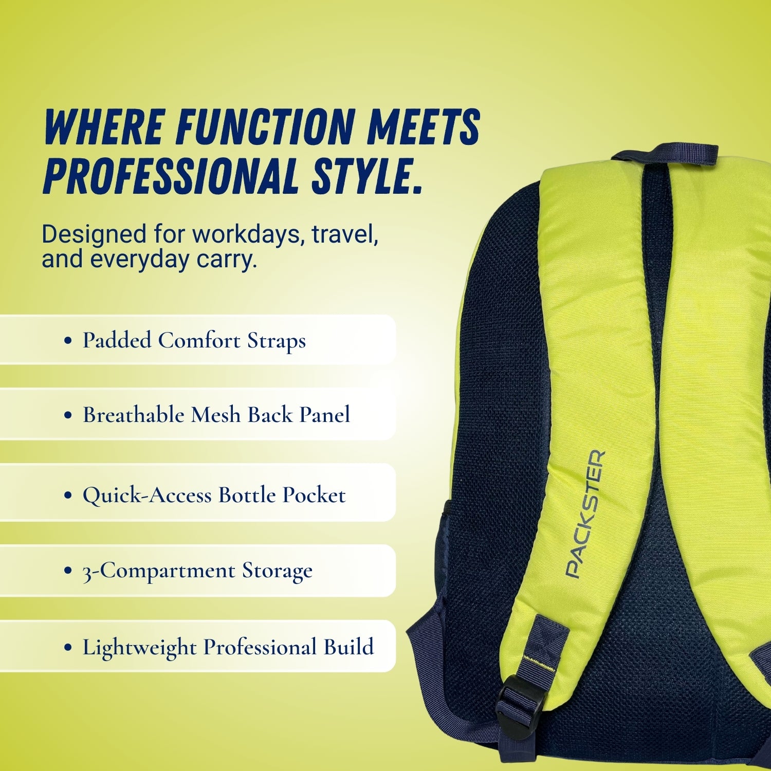 Packster BTC Horizon 35L Casual Laptop Backpack for Men & Women | Water-Resistant | Triple Compartment | Lightweight Durable College, Travel & Daily Use Bag with Bottle Holders (Lime/Navy)