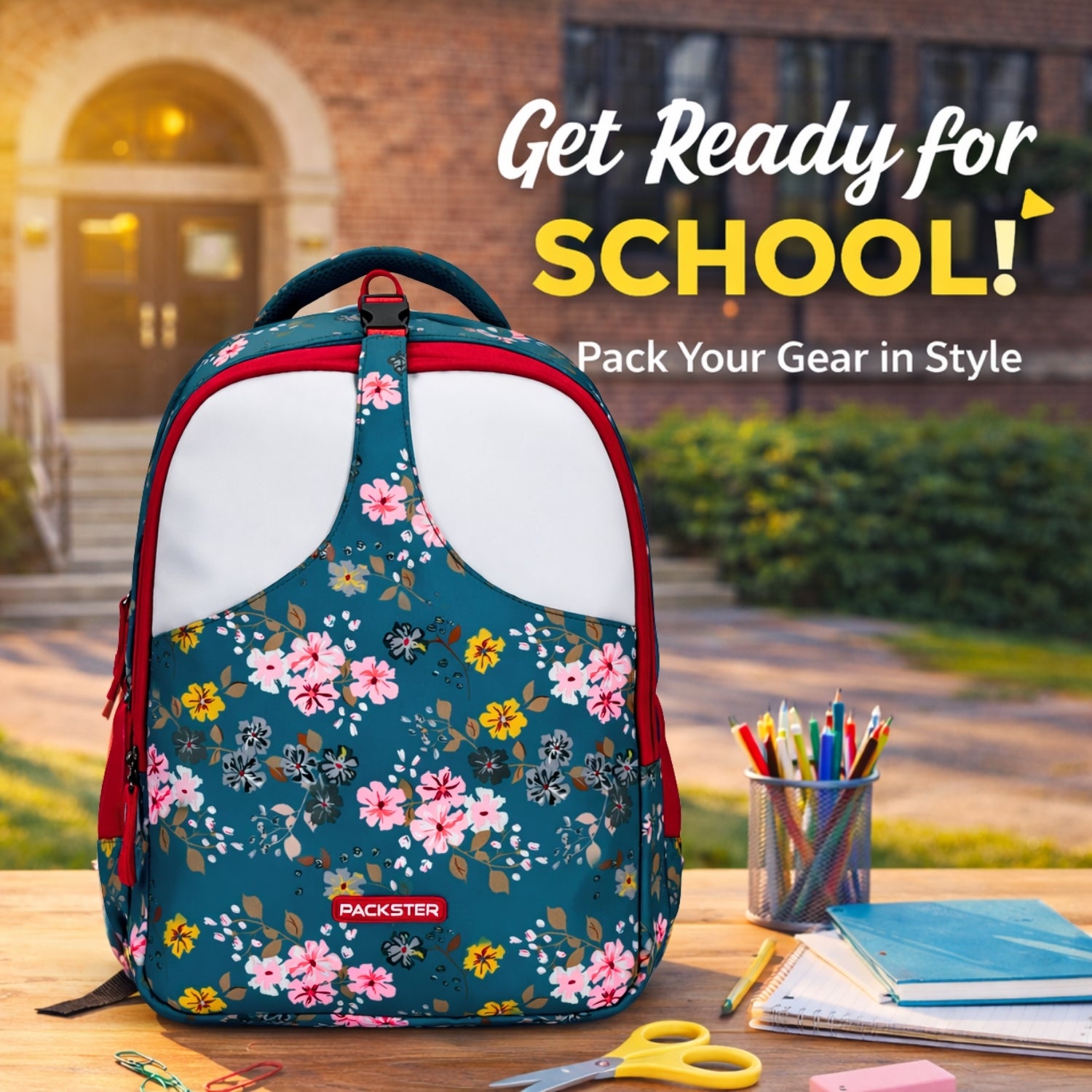 Packster Pancy School Bag for Kids | 24L Girls School Backpack with Stationery Pouch | Lightweight | Water-Resistant | Sea Green Floral Design