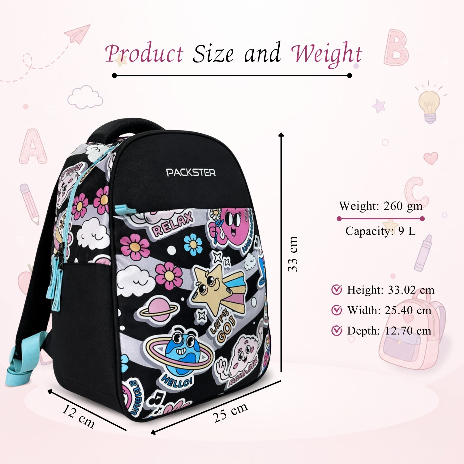 Packster SMALL-RELAX black 9L Toddler Backpack | Knit Twill Polyester | Water-Resistant Kids School Bag | Padded Back | Bottle Holder | Adjustable Straps | School bag for kids 2-5 Years