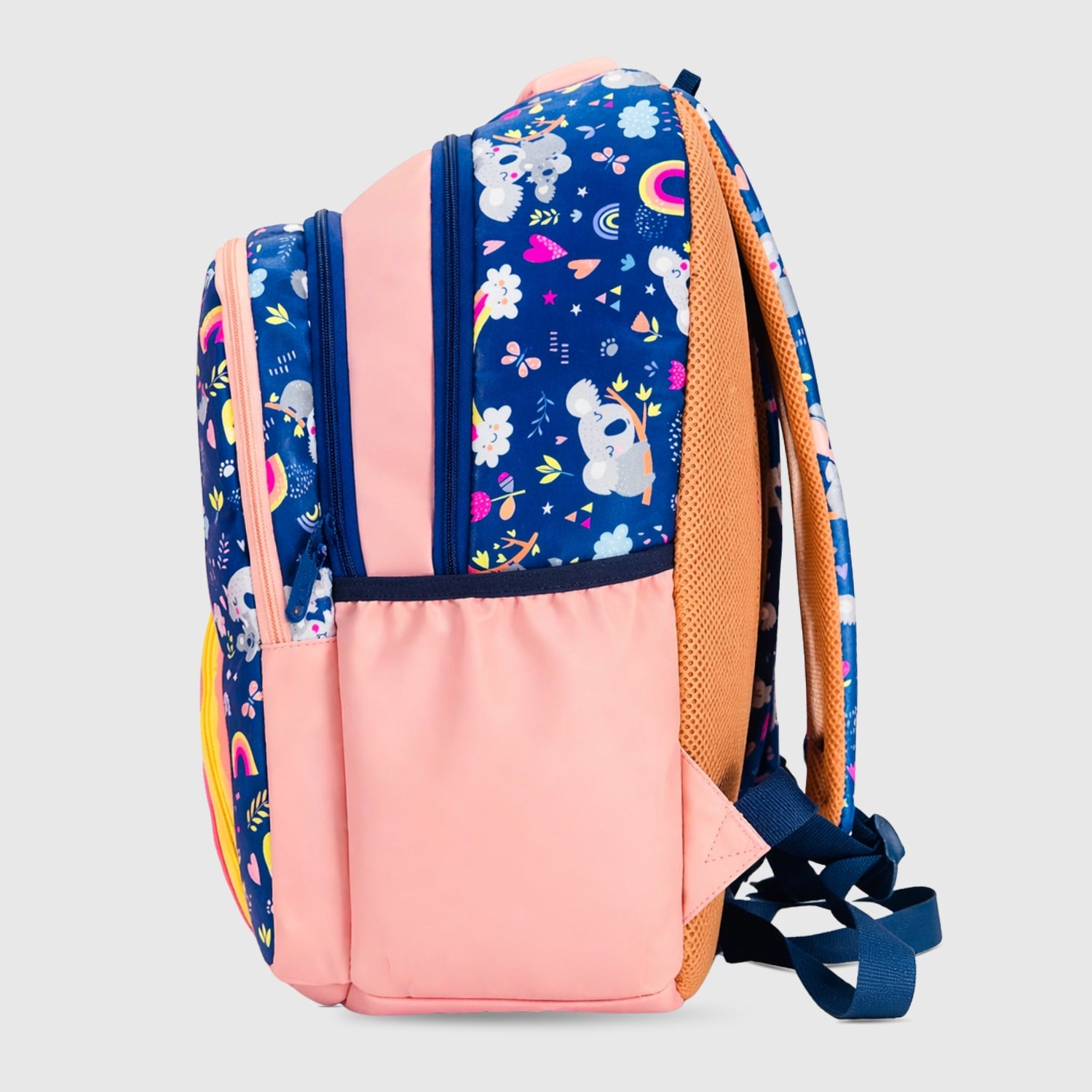 Packster BTS Raw Rainbow 30L Kids School Backpack for Girls 8–10 Years | Light Navy Koala Print School Bag with Triple Compartment, Bottle Pockets & Stationery Pouch