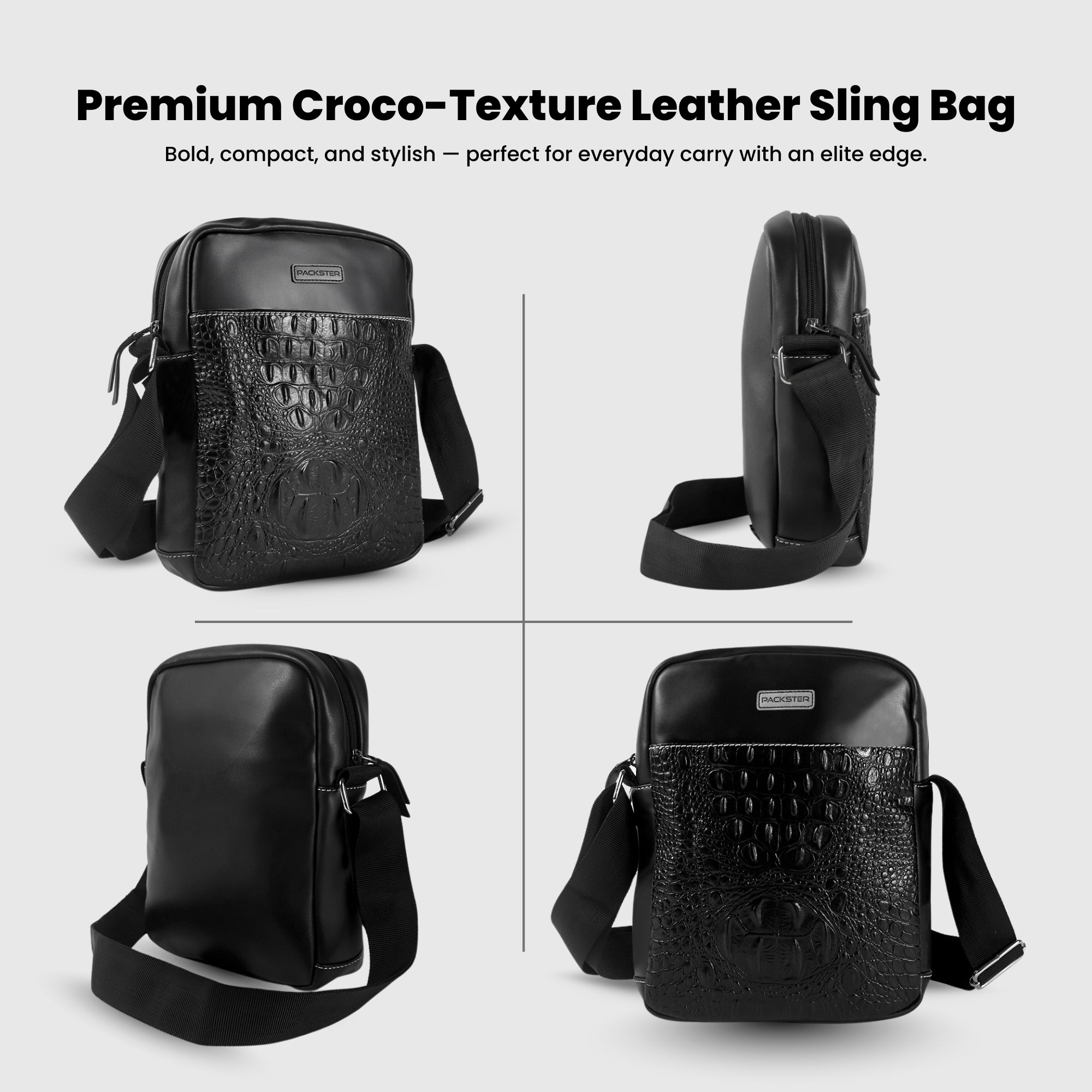 Sling Compact Crossbody Sling Bag | Croco Texture & Contrast Stitch