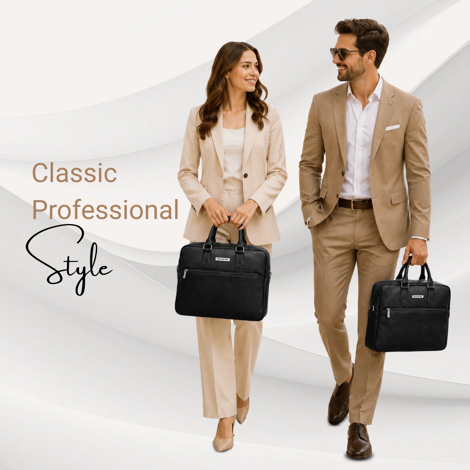 Packster Black Laptop Messenger Bag for Men | Premium Vegan Leather Office Bag with 15.6 Inch Laptop Compartment, Trolley Sleeve & Organizer
