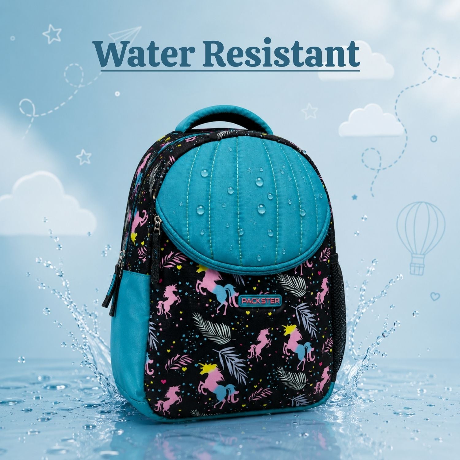 Packster SMALL-FLICKA Aqua  Black 9L Toddler Backpack | Knit Twill Polyester | Water-Resistant Kids School Bag | Padded Back | Bottle Holder | Adjustable Straps | School Bag for kids 2–5 Years