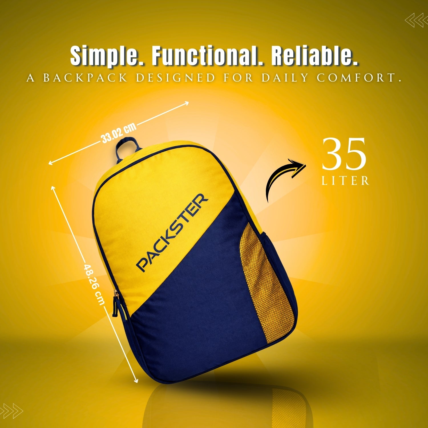 PACKSTER Yellow Laptop Backpack – 35L Water-Resistant Bag with Padded Laptop Sleeve for College & Travel