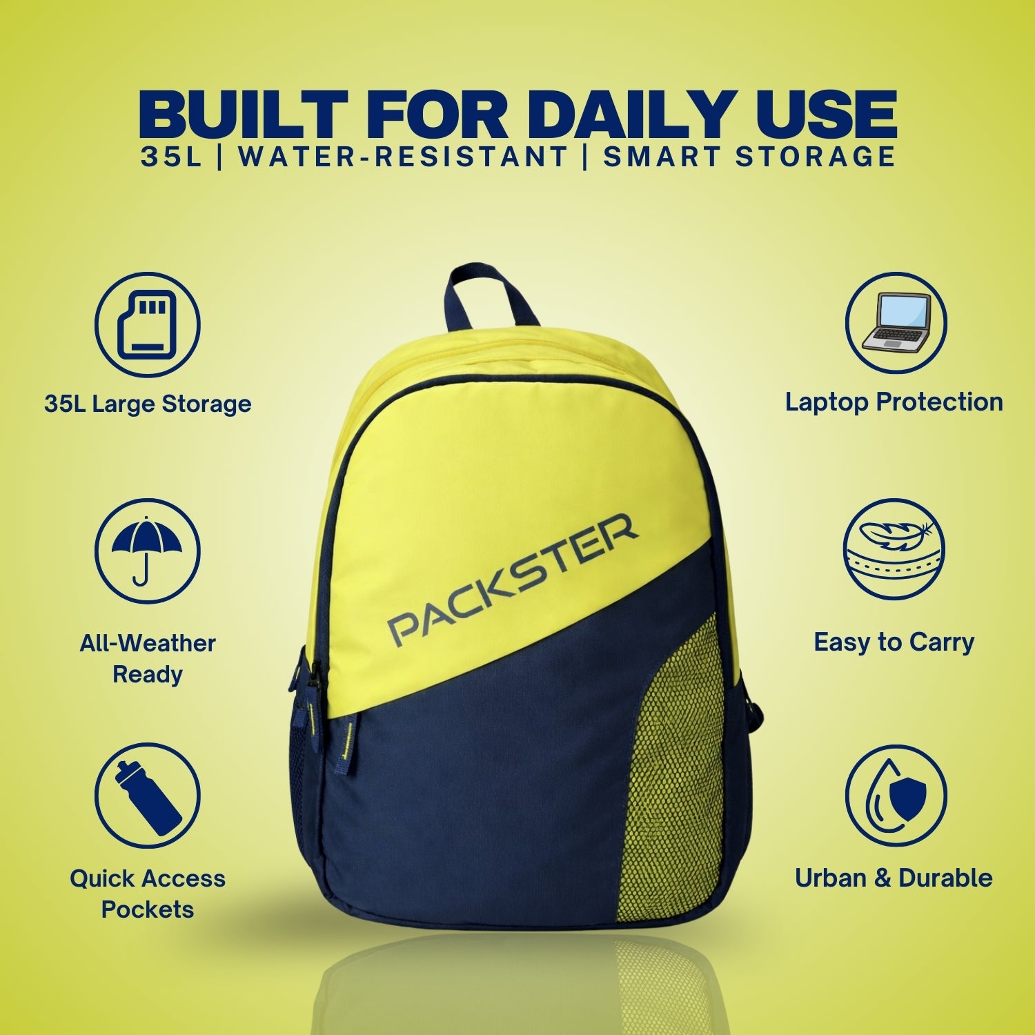 Packster BTC Horizon 35L Casual Laptop Backpack for Men & Women | Water-Resistant | Triple Compartment | Lightweight Durable College, Travel & Daily Use Bag with Bottle Holders (Lime/Navy)