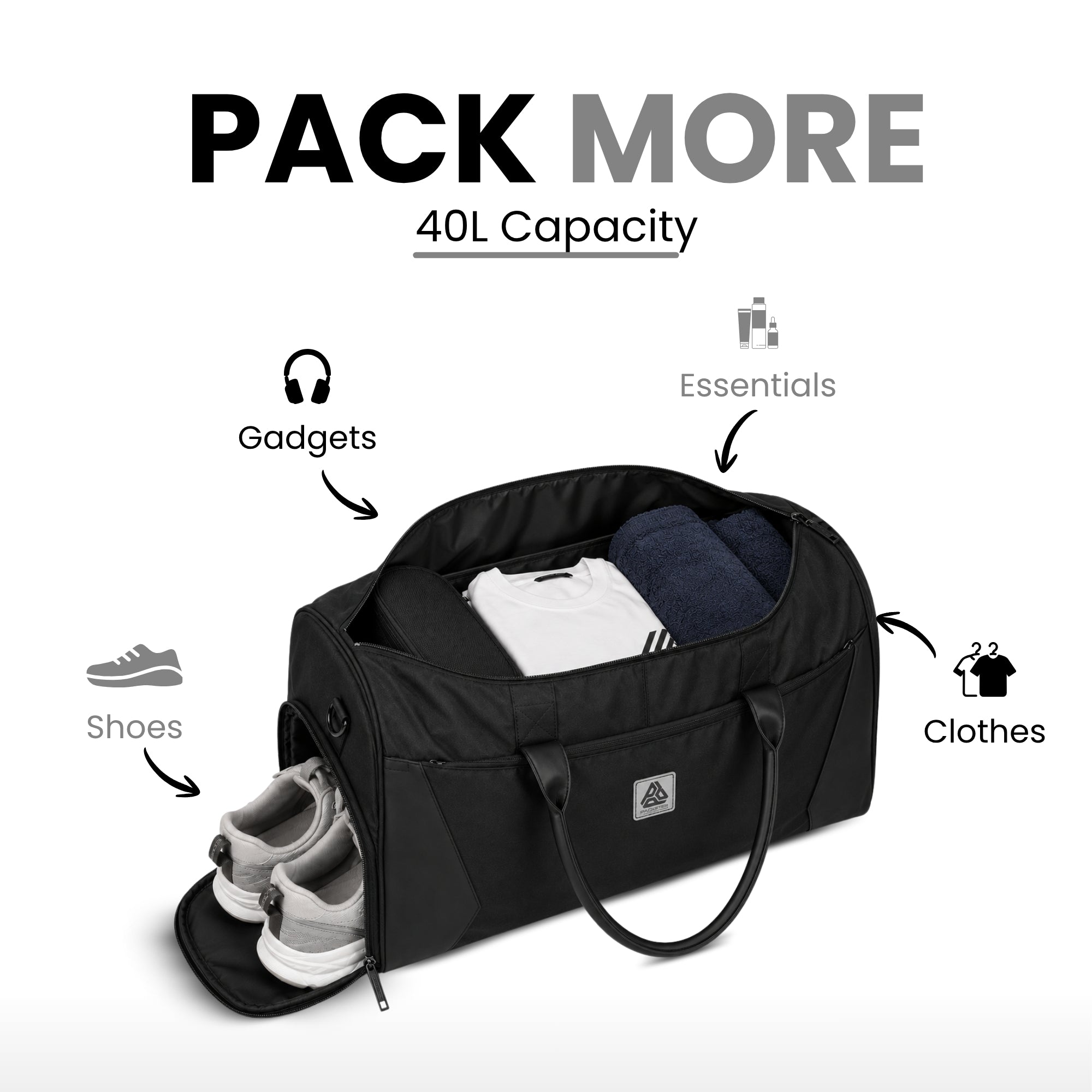 Packster Ample 40L Black Gym Backpack Duffle Bag for Men & Women