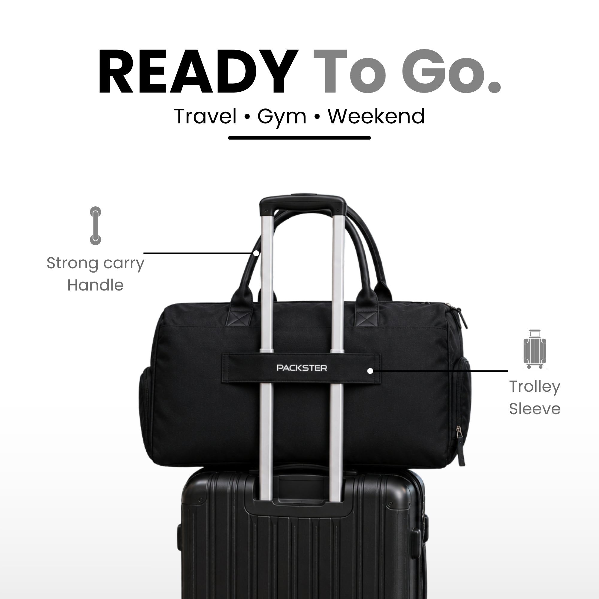 Packster Ample 40L Black Gym Backpack Duffle Bag for Men & Women