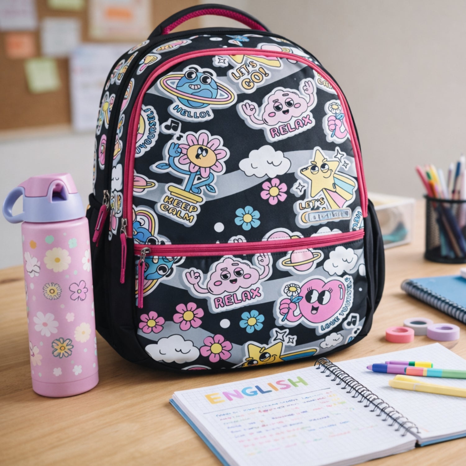 Packster Relax 3 compartments Kids Bag For School |  35L School Bag For Girls With Stationery Pouch | Lightweight | Water-Resistant | Black Cartoon Design