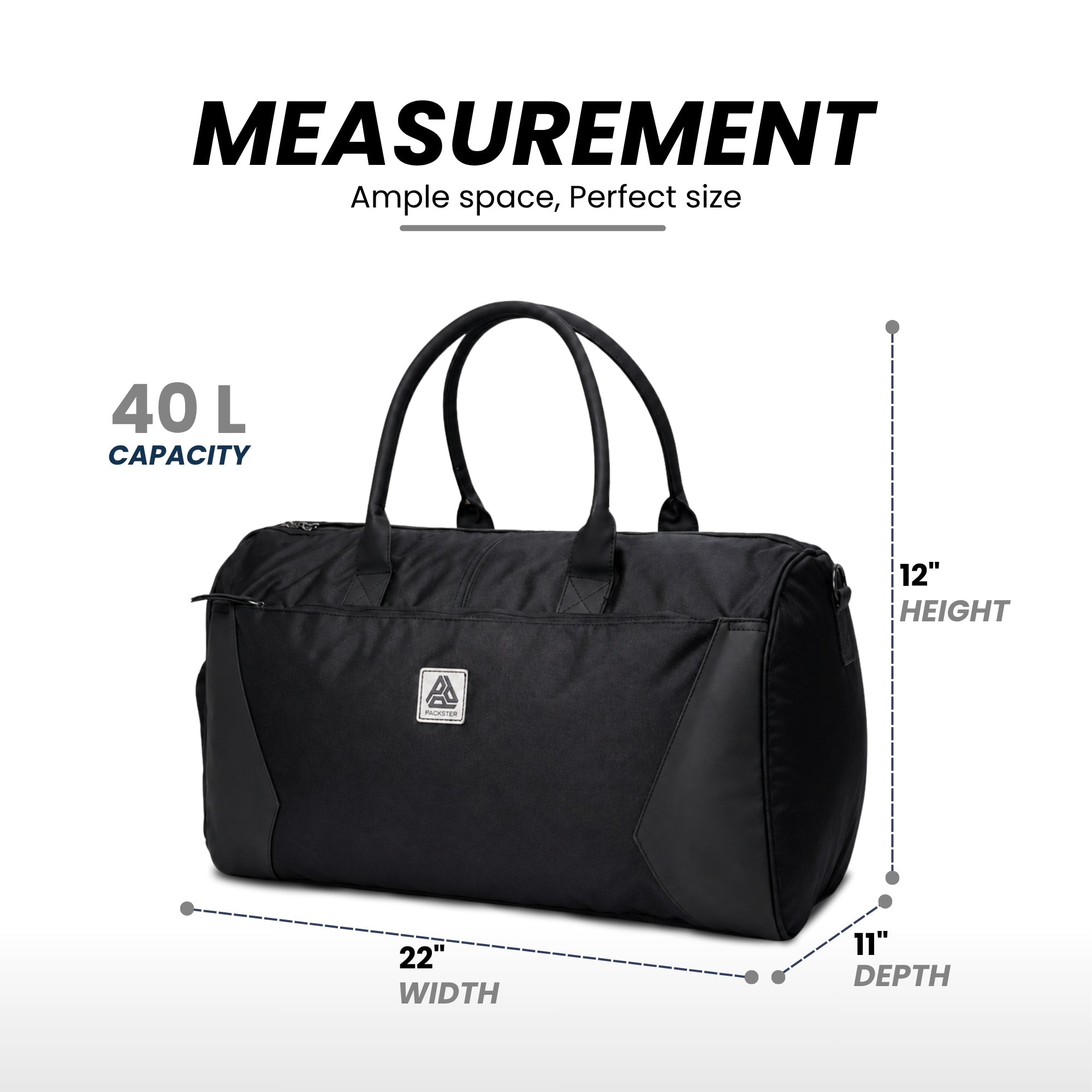 Packster Ample 40L Black Gym Backpack Duffle Bag for Men & Women