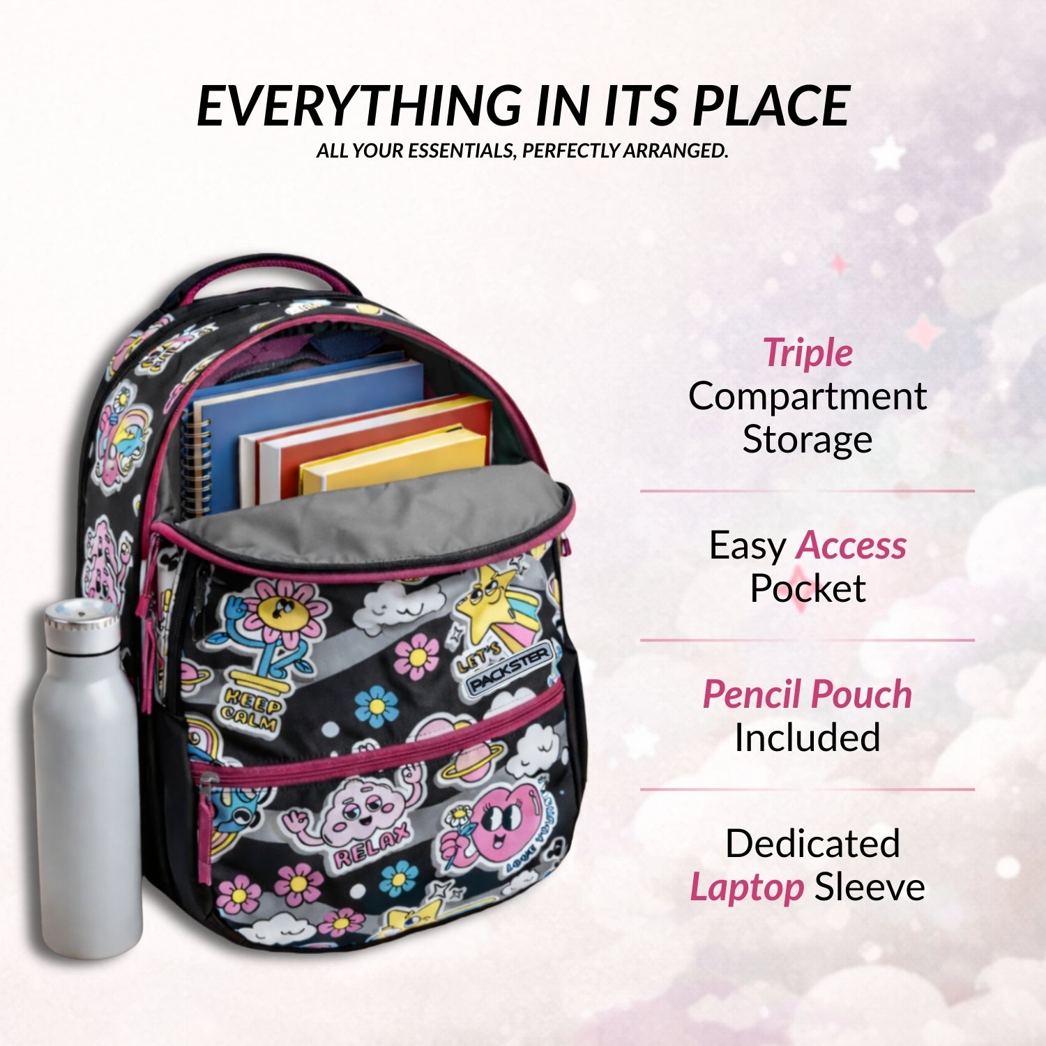 Packster Relax 3 compartments Kids Bag For School |  35L School Bag For Girls With Stationery Pouch | Lightweight | Water-Resistant | Black Cartoon Design