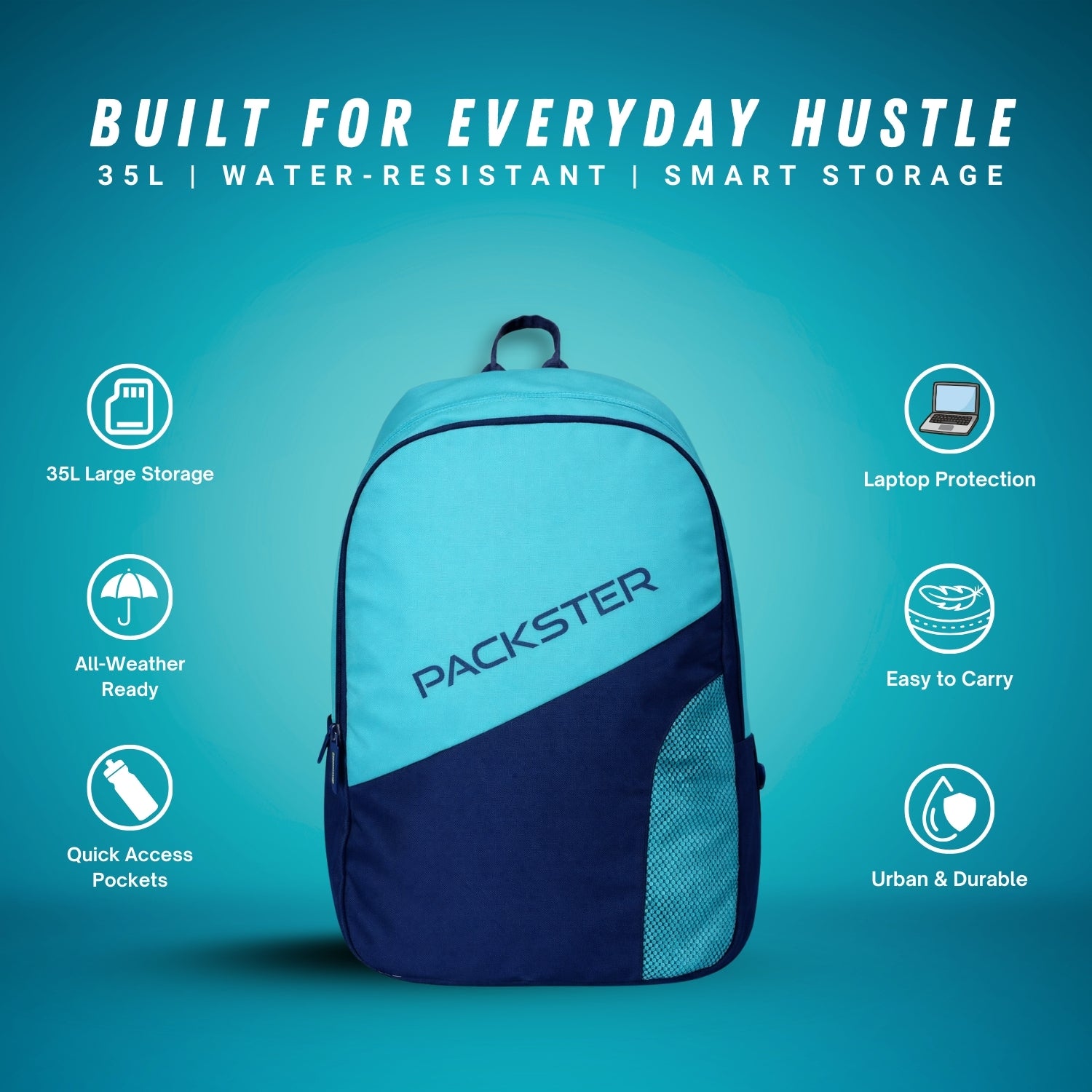 Packster BTC Horizon 35L Casual Laptop Backpack for Men & Women | Water-Resistant | Triple Compartment | Lightweight Durable College, Travel & Daily Use Bag with Bottle Holders (Aqua/Navy)