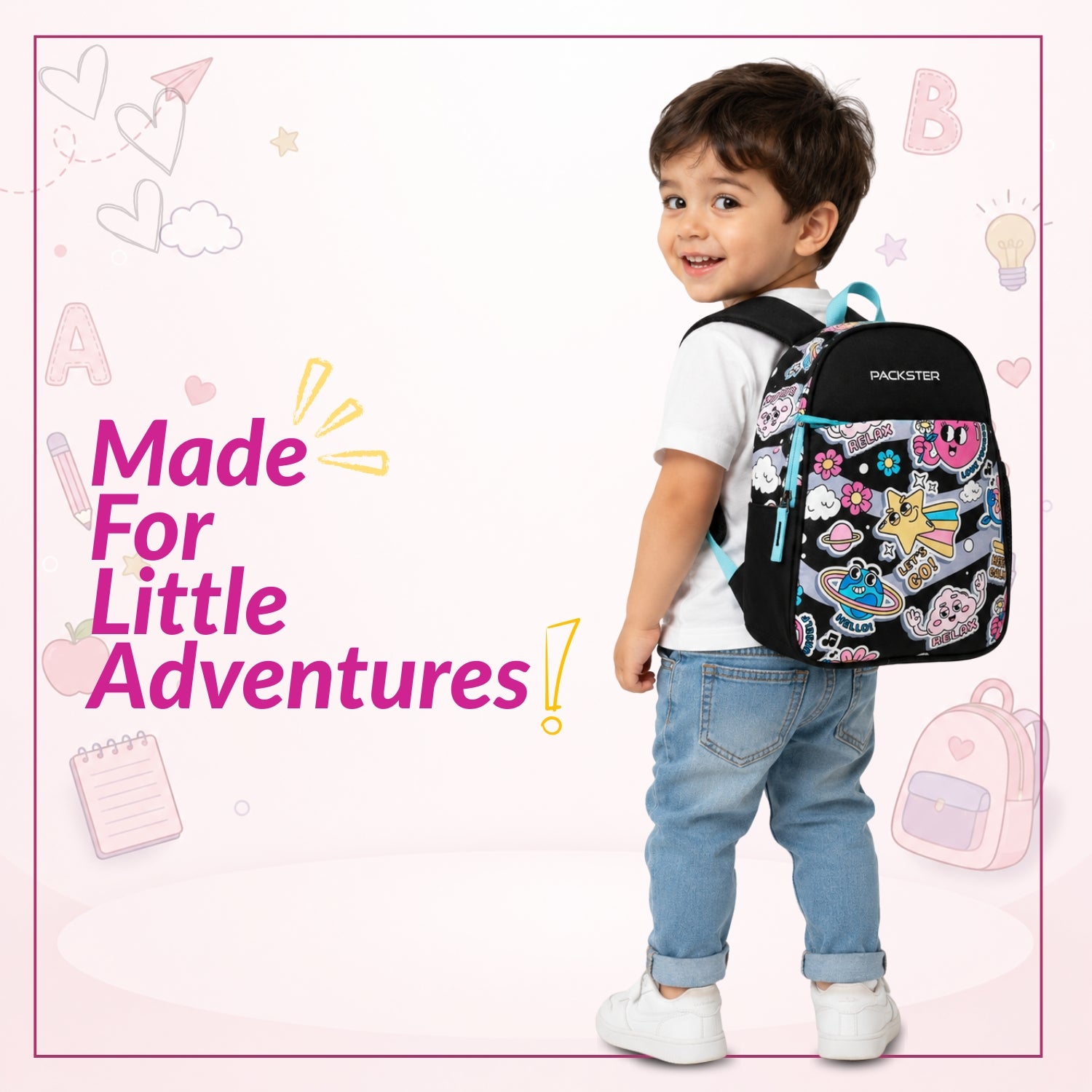 Packster SMALL-RELAX black 9L Toddler Backpack | Knit Twill Polyester | Water-Resistant Kids School Bag | Padded Back | Bottle Holder | Adjustable Straps | School bag for kids 2-5 Years