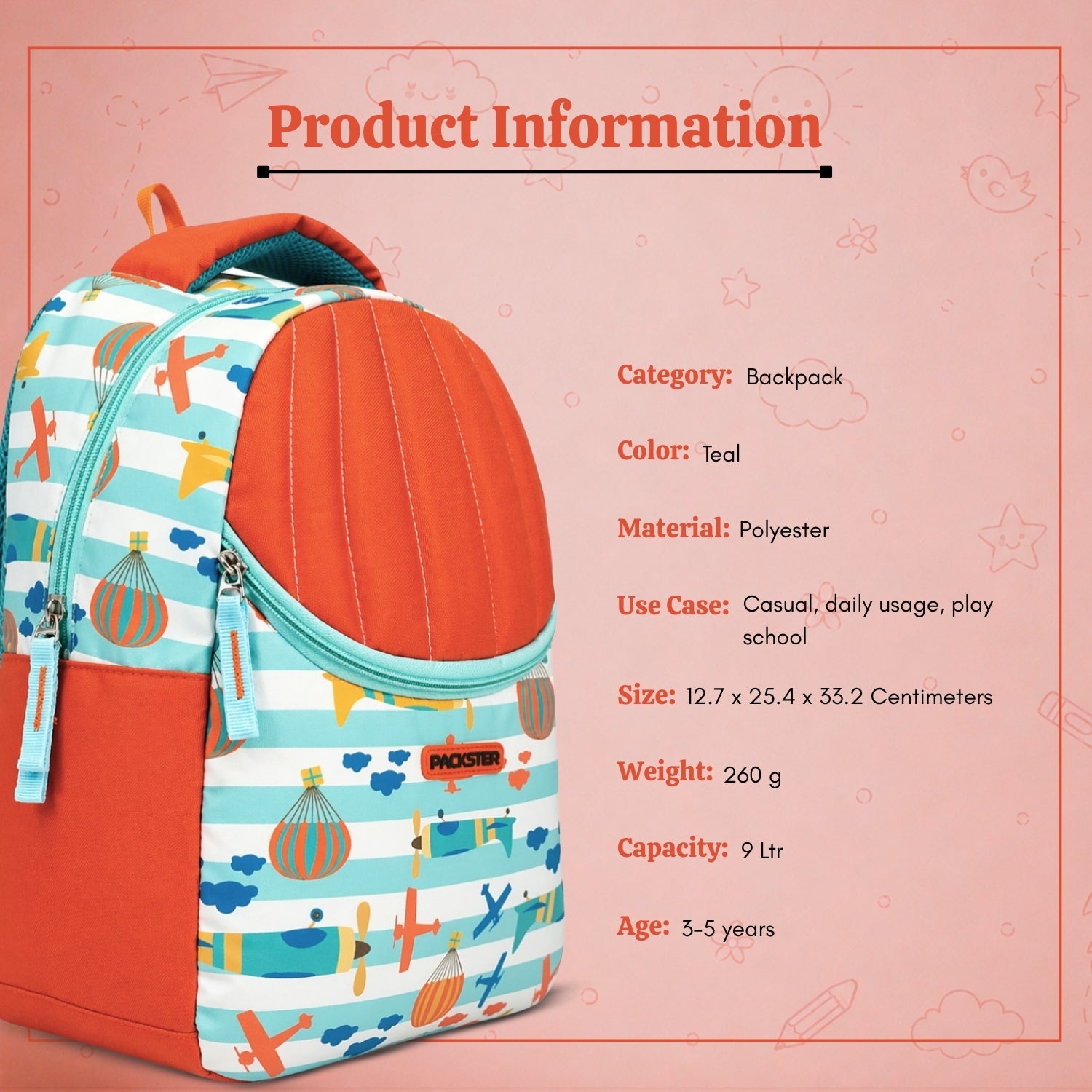 Packster SMALL TEAL PARACHUTE 9L Toddler Backpack | Parachute Print Kids School Bag | Water-Resistant | Padded Back | Front Utility Pocket | Bottle Holder | School bag for kids 2-5 Years