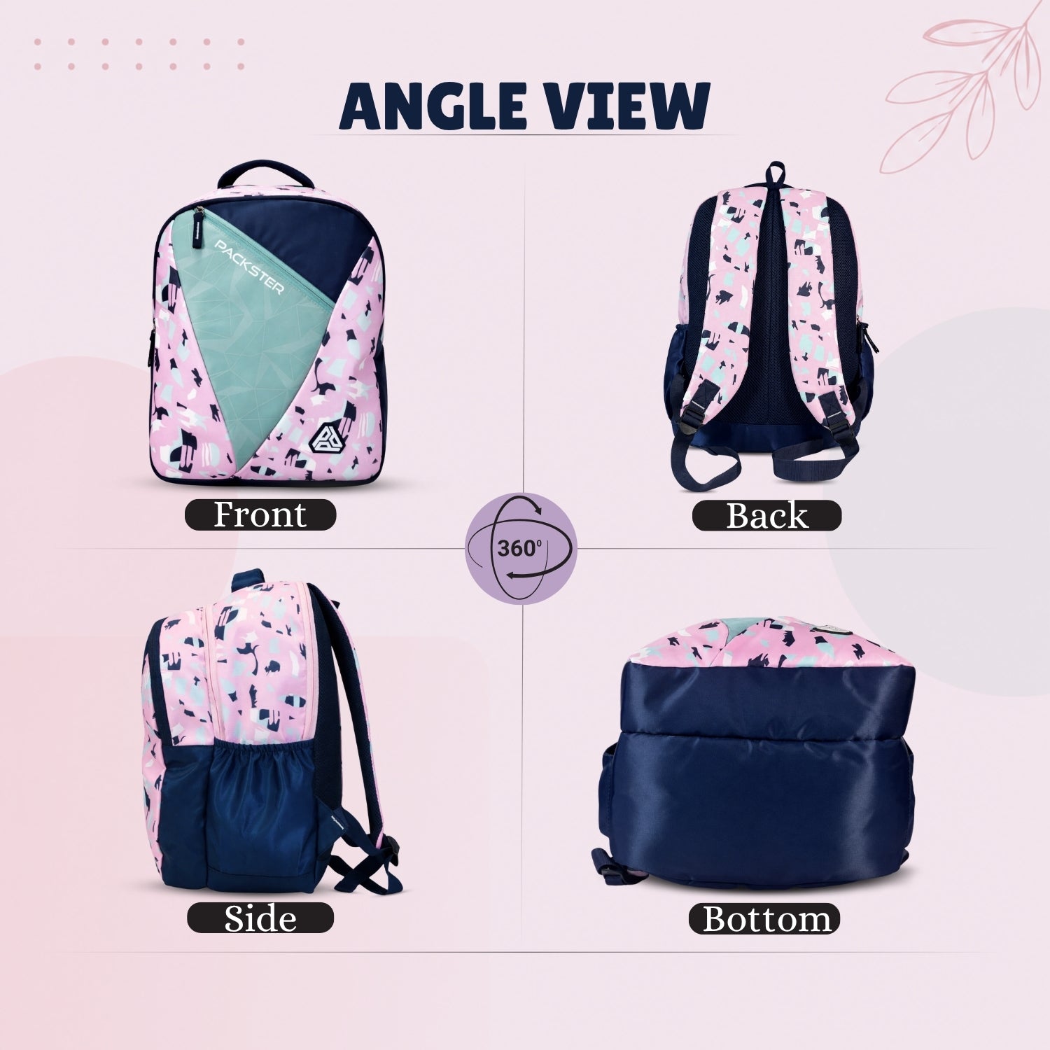 Packster BTS Abstract 30L Girls School Bag | Triple Compartment with Laptop Organizer & Utility Pocket | Water Resistant Lightweight with Pencil Pouch | Age 8–18 Years (Pink Navy)