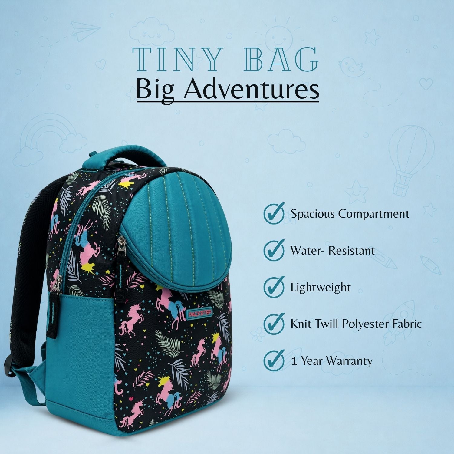 Packster SMALL-FLICKA Aqua  Black 9L Toddler Backpack | Knit Twill Polyester | Water-Resistant Kids School Bag | Padded Back | Bottle Holder | Adjustable Straps | School Bag for kids 2–5 Years