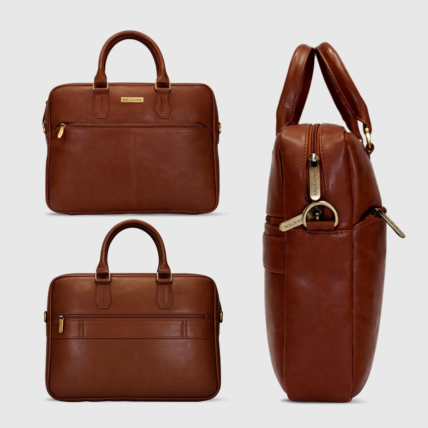 Packster Premium Leather Laptop Bag for Men, Deer Napa Crushed Effect, Up to 13 Inch, Messenger Bag with Adjustable Strap, Trolley Sleeve, Organiser - Tan