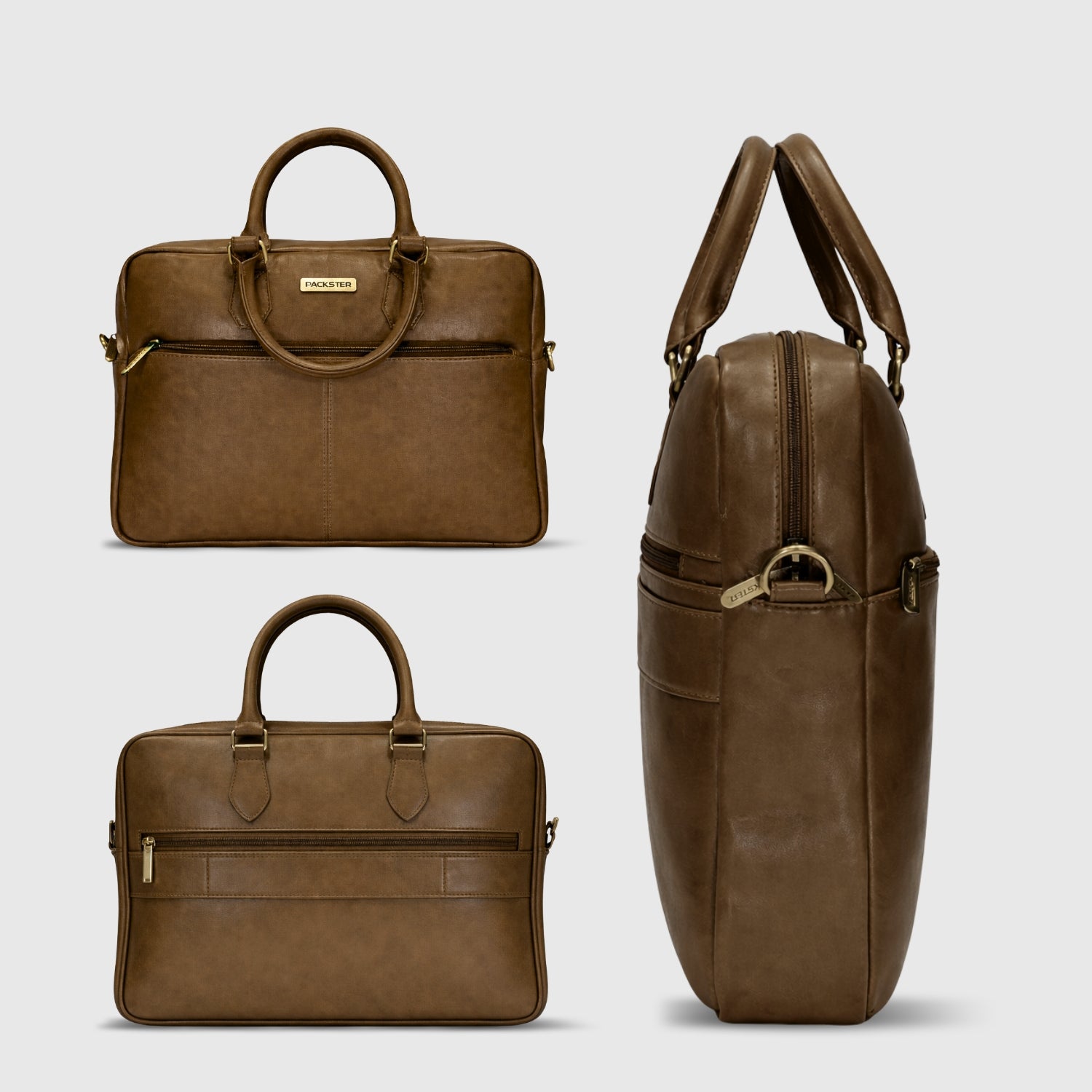 Packster Premium Leather Laptop Bag for Men, Deer Napa Crushed Effect, Up to 13 Inch, Messenger Bag with Adjustable Strap, Trolley Sleeve, Organiser - Cognac