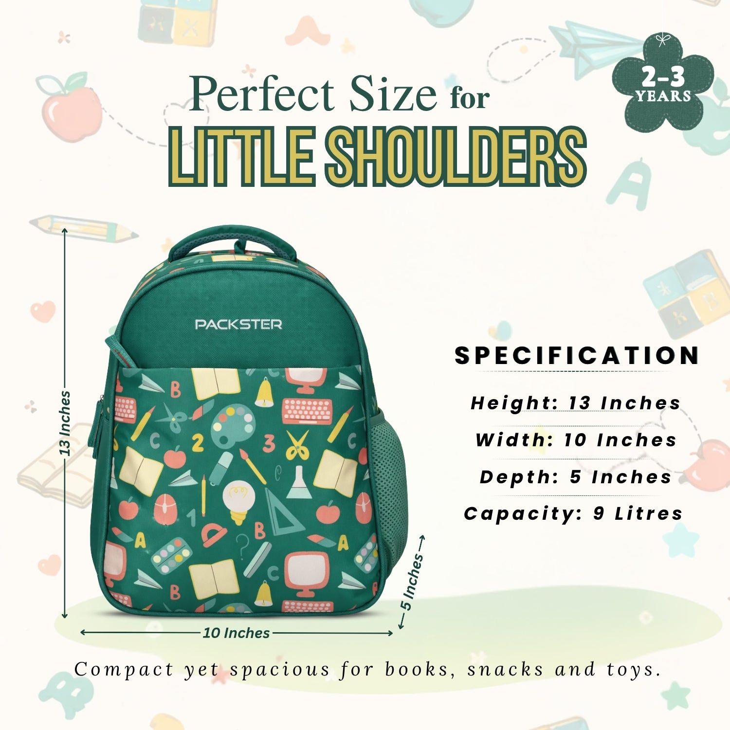 Packster PRE-PALLETE Sea Green 9L Toddler Backpack | Knit Twill Polyester | Water-Resistant Kids School Bag | Padded Back | Bottle Holder | Adjustable Straps | School bag for kids 2-3 Years