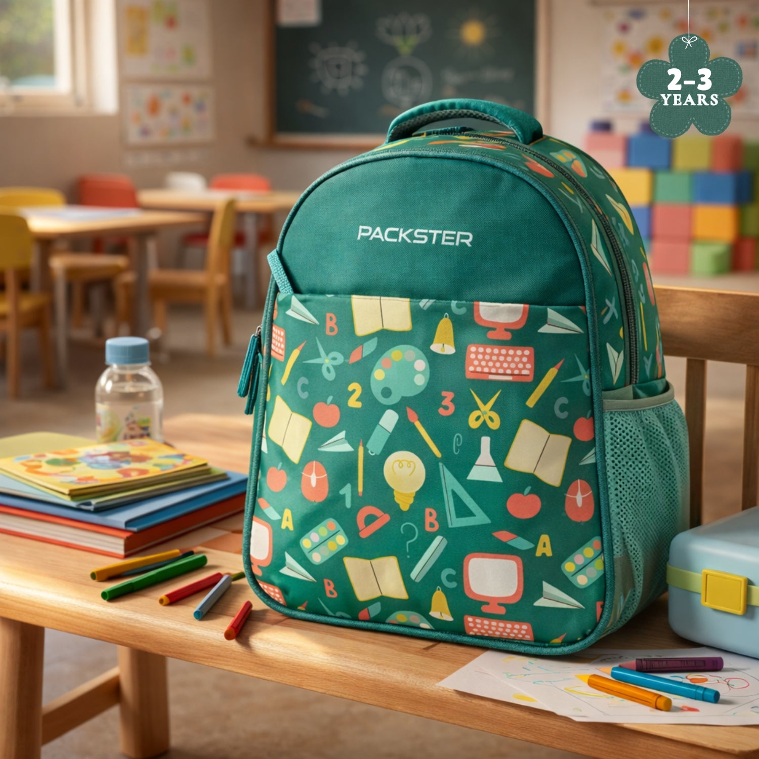Packster PRE-PALLETE Sea Green 9L Toddler Backpack | Knit Twill Polyester | Water-Resistant Kids School Bag | Padded Back | Bottle Holder | Adjustable Straps | School bag for kids 2-3 Years