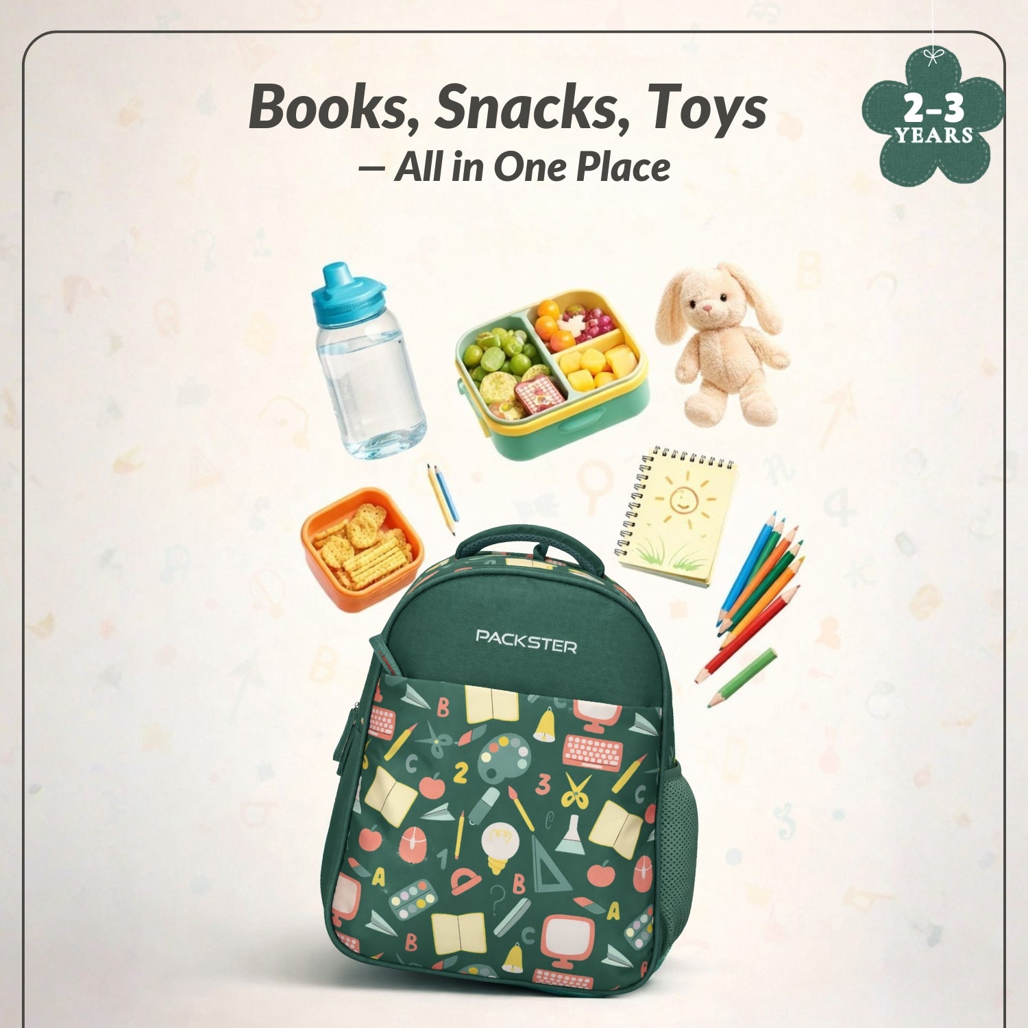 Packster PRE-PALLETE Sea Green 9L Toddler Backpack | Knit Twill Polyester | Water-Resistant Kids School Bag | Padded Back | Bottle Holder | Adjustable Straps | School bag for kids 2-3 Years
