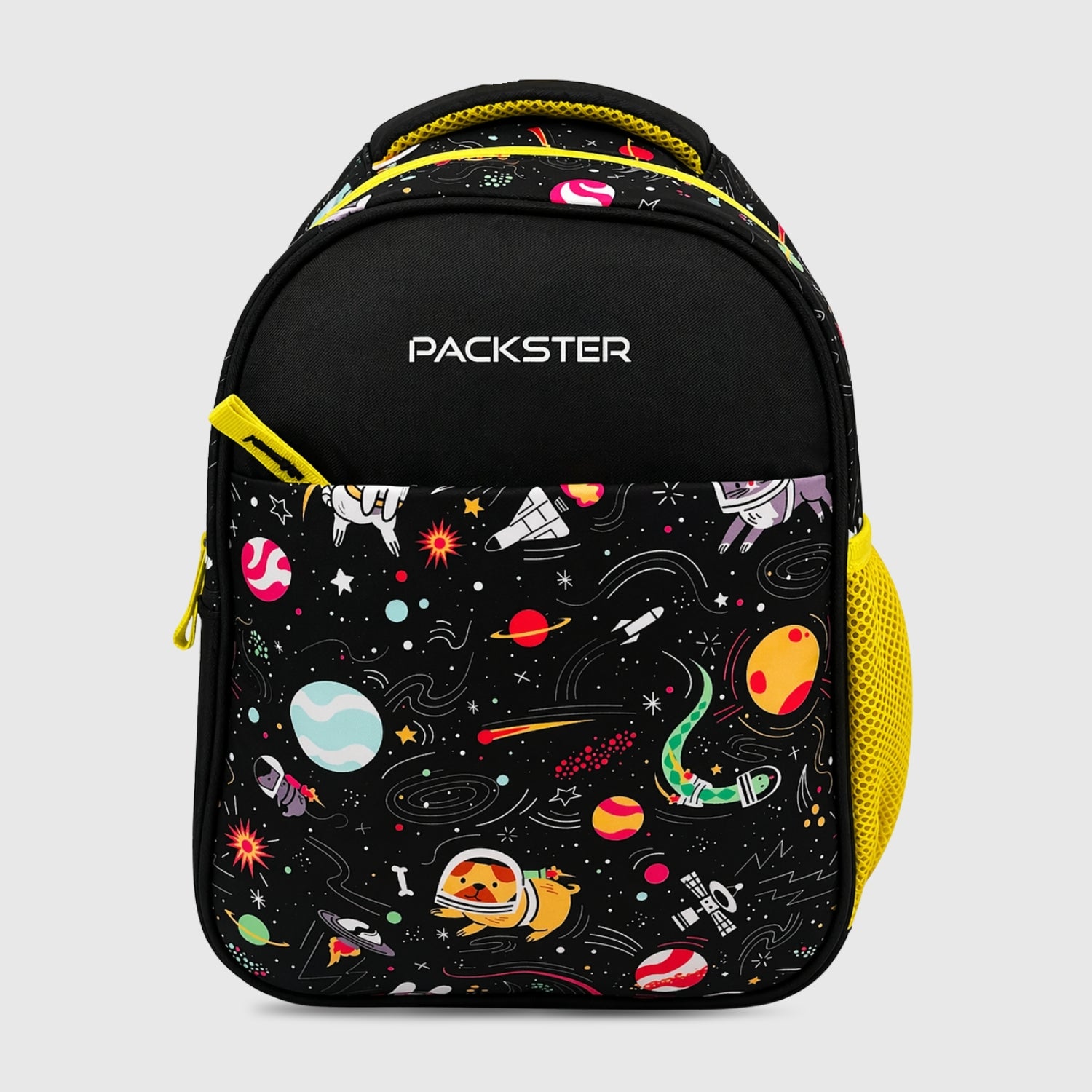 Packster SMALL-SPACE 9L Toddler Backpack Black Yellow | Space Print Kids School Bag | Lightweight Water-Resistant | Bottle Holder | 2–5 Years