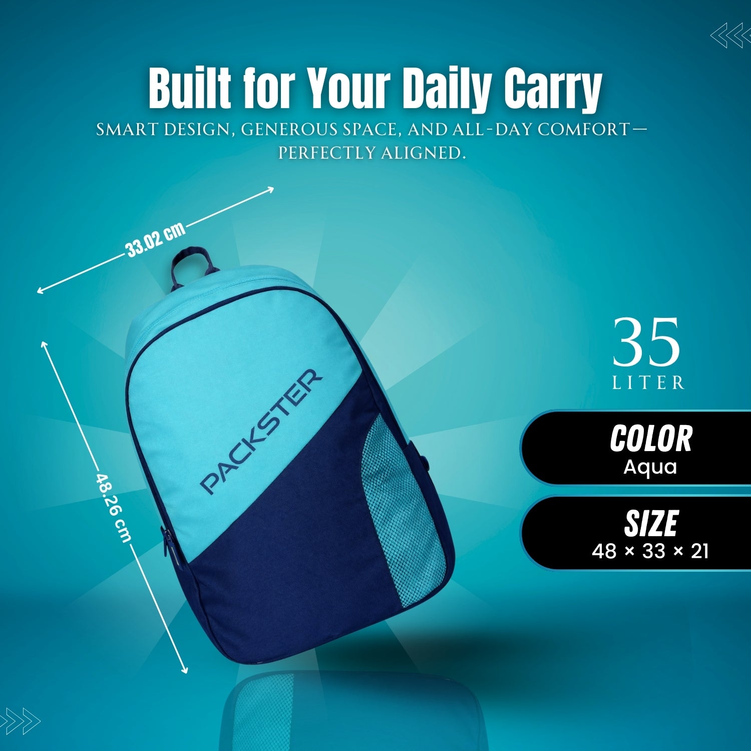 Packster BTC Horizon 35L Casual Laptop Backpack for Men & Women | Water-Resistant | Triple Compartment | Lightweight Durable College, Travel & Daily Use Bag with Bottle Holders (Aqua/Navy)