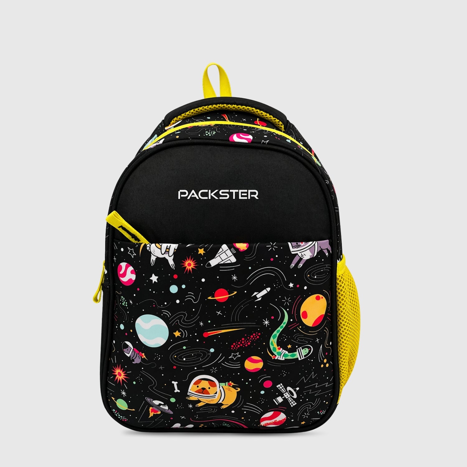 Packster SMALL-SPACE 9L Toddler Backpack Black Yellow | Space Print Kids School Bag | Lightweight Water-Resistant | Bottle Holder | 2–5 Years