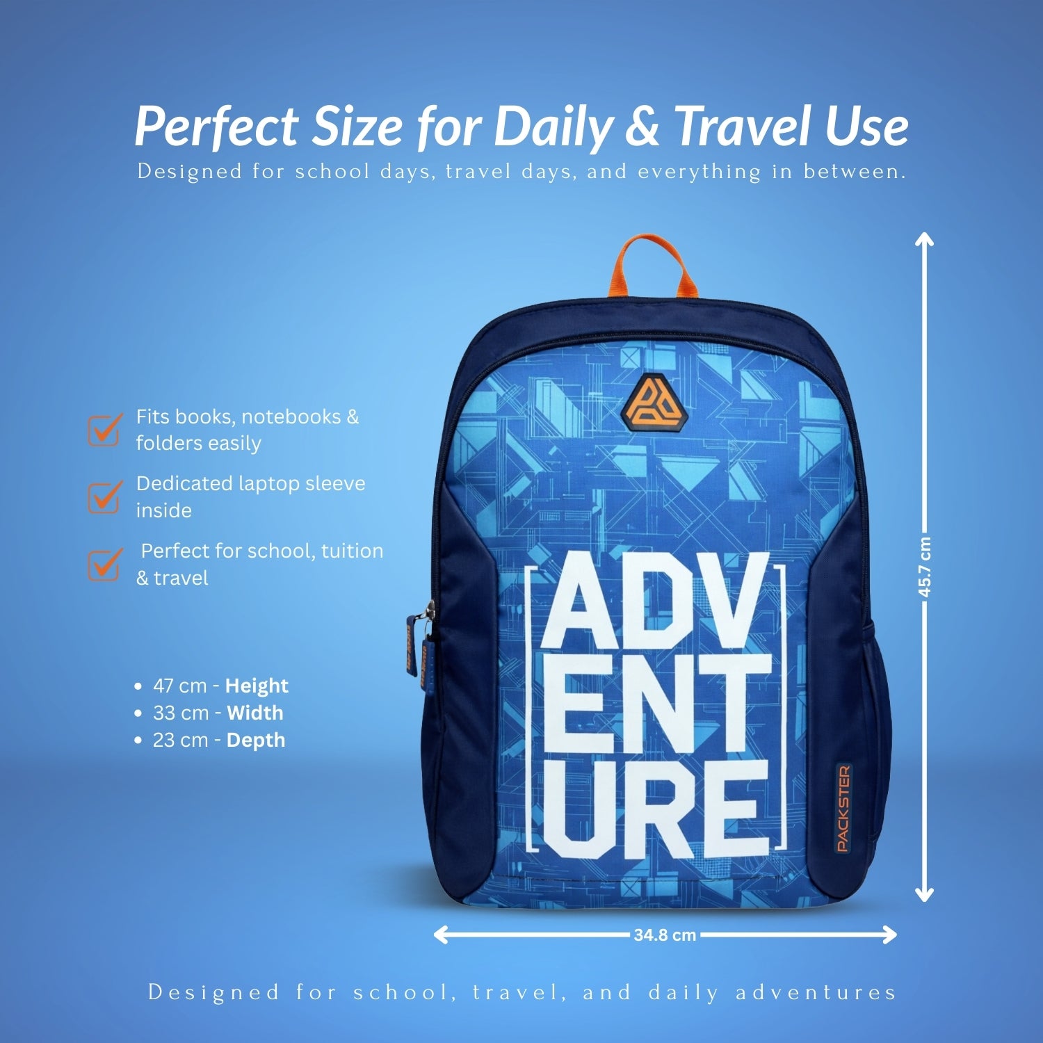Packster Adventure Blue 36L Laptop Backpack for Students | Triple Compartment, Organizer Pockets, Water-Resistant School & Travel Bag