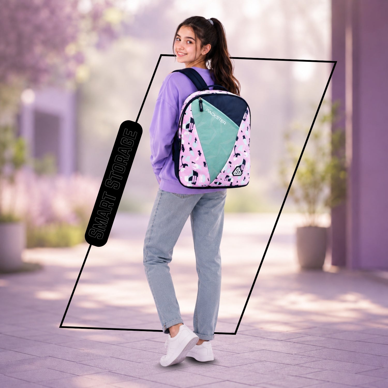 Packster BTS Abstract 30L Girls School Bag | Triple Compartment with Laptop Organizer & Utility Pocket | Water Resistant Lightweight with Pencil Pouch | Age 8–18 Years (Pink Navy)