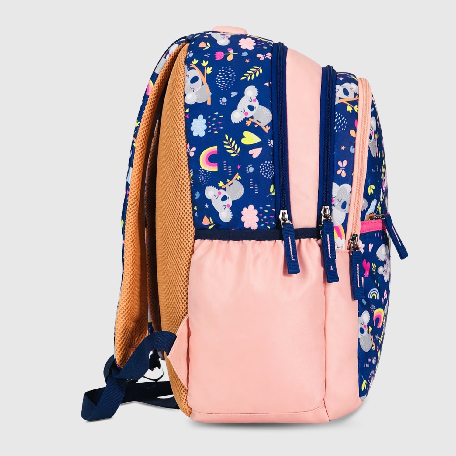 Packster BTS Raw Rainbow 30L Kids School Backpack for Girls 8–10 Years | Light Navy Koala Print School Bag with Triple Compartment, Bottle Pockets & Stationery Pouch