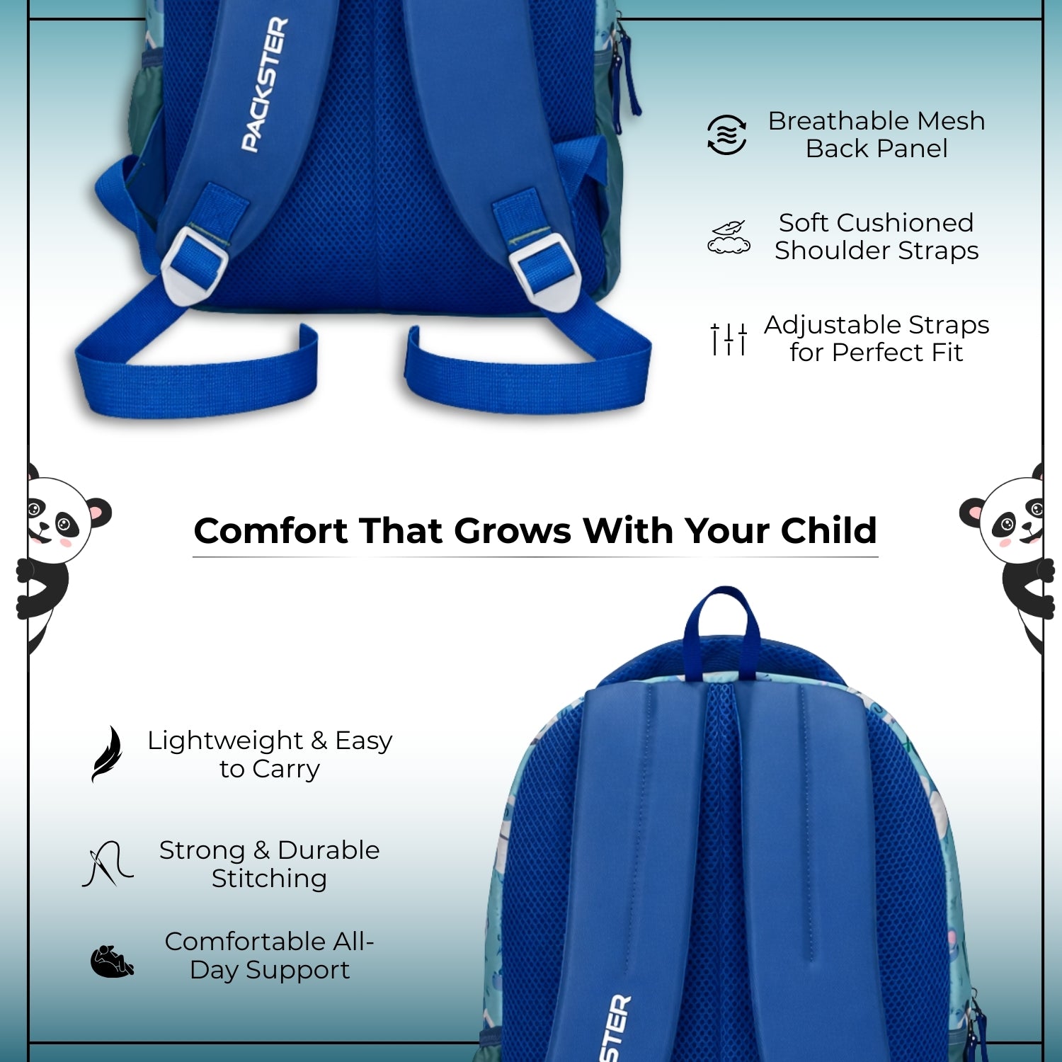 Packster Panda 18L Kids School Bags | 3 Compartments | Lightweight School Bag for Boys & Girls | Water-Resistant | Teal Panda Design