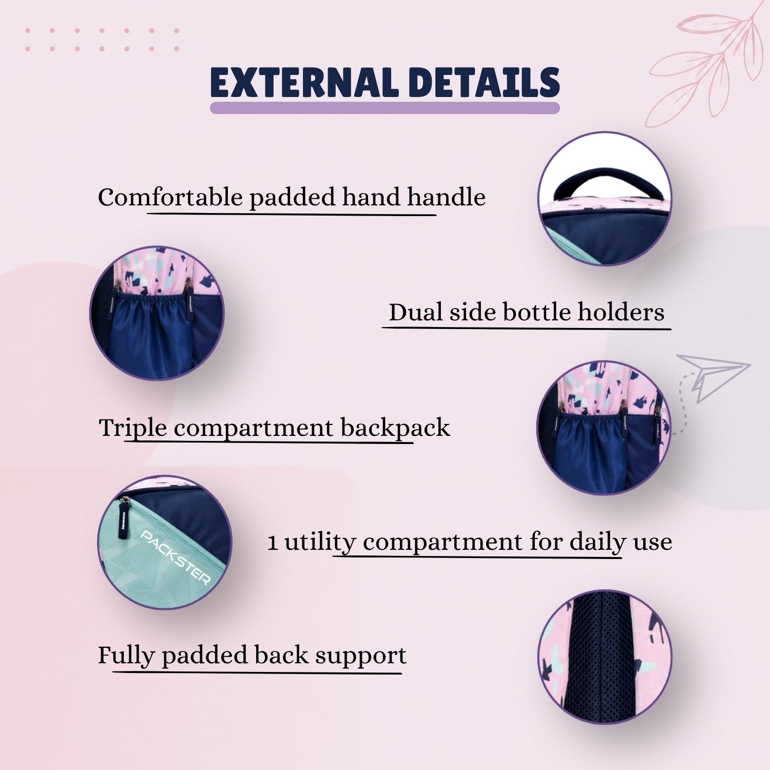 Packster BTS Abstract 30L Girls School Bag | Triple Compartment with Laptop Organizer & Utility Pocket | Water Resistant Lightweight with Pencil Pouch | Age 8–18 Years (Pink Navy)