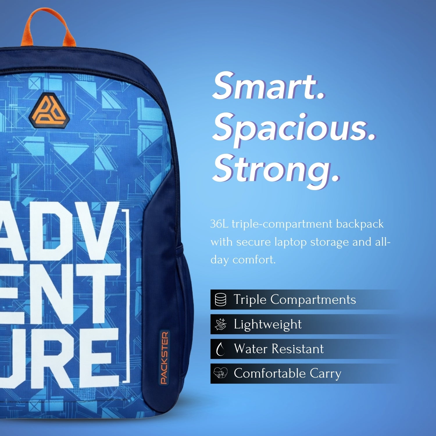 Packster Adventure Blue 36L Laptop Backpack for Students | Triple Compartment, Organizer Pockets, Water-Resistant School & Travel Bag