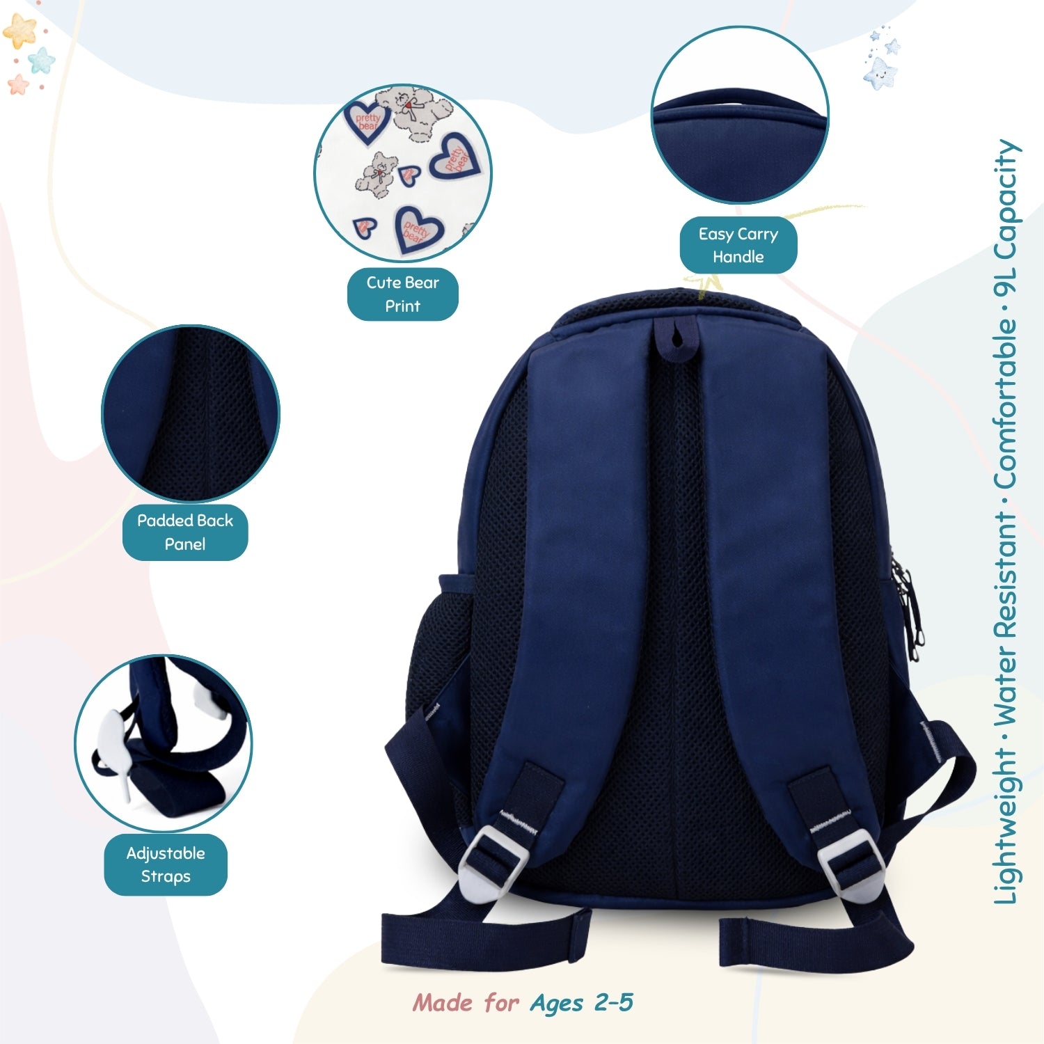 Packster PRE-Bear Blue 9L Toddler Backpack | Knit Twill Polyester | Water-Resistant Kids School Bag | Padded Back | Bottle Holder | Adjustable Straps | School bag for kids 3-5 Years