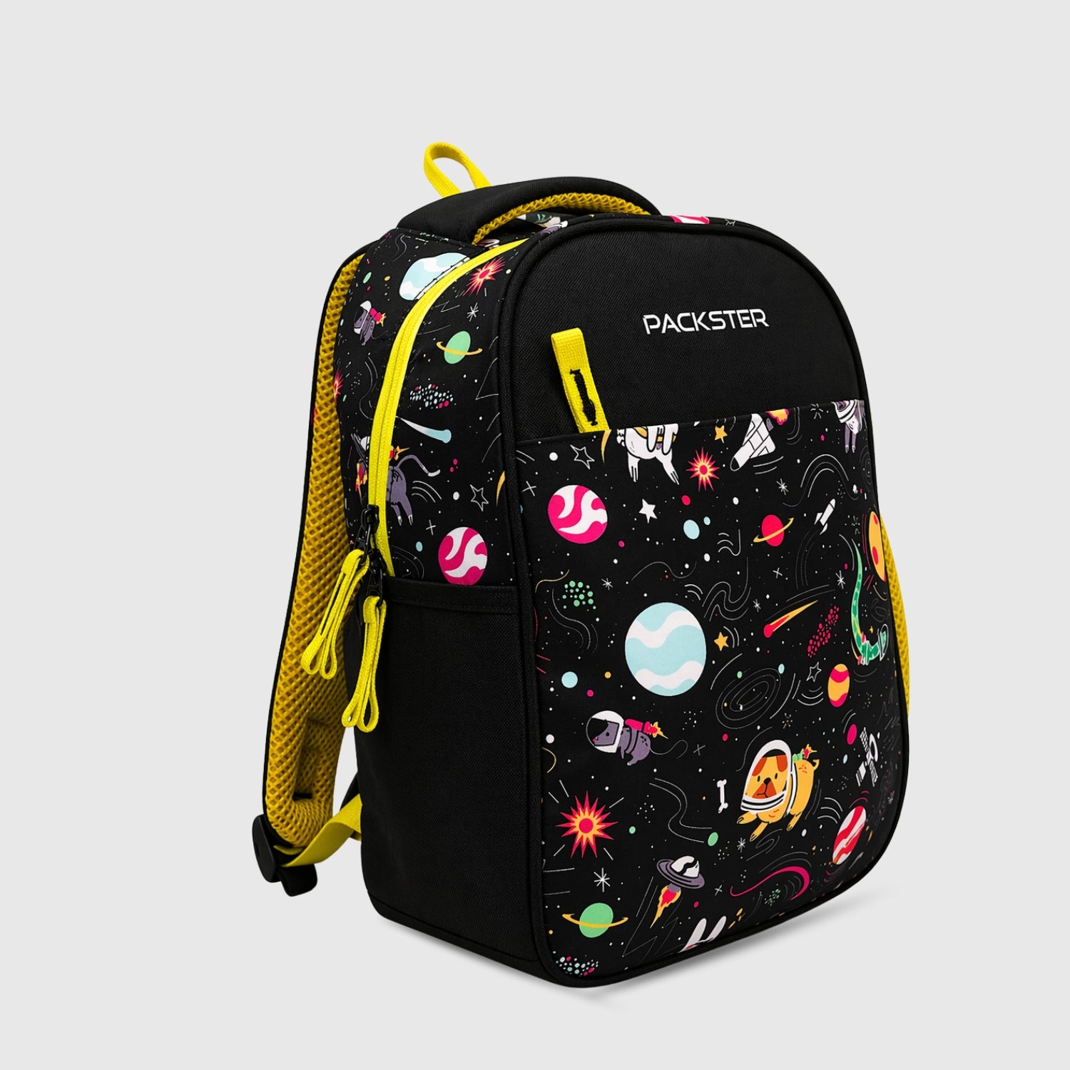 Packster SMALL-SPACE 9L Toddler Backpack Black Yellow | Space Print Kids School Bag | Lightweight Water-Resistant | Bottle Holder | 2–5 Years