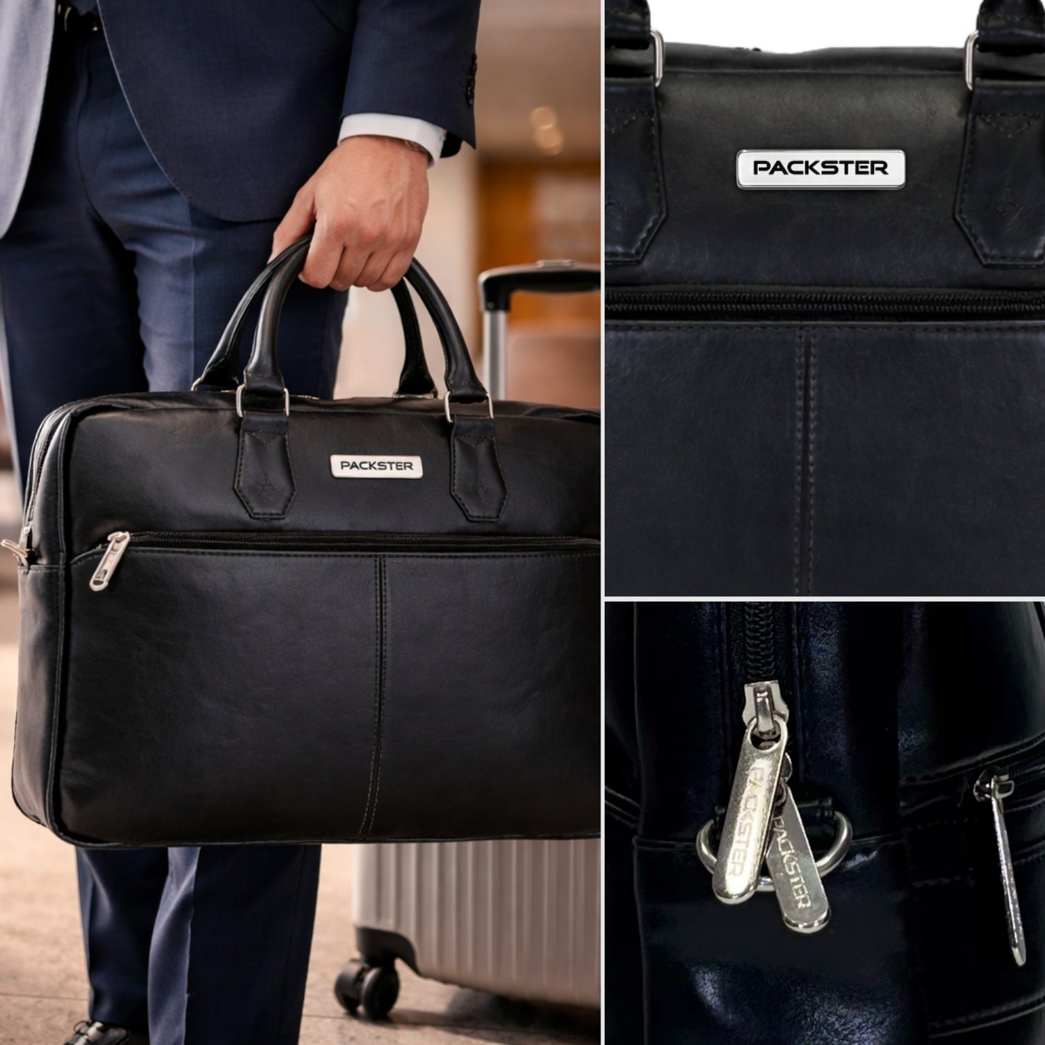 Packster Black Laptop Messenger Bag for Men | Premium Vegan Leather Office Bag with 15.6 Inch Laptop Compartment, Trolley Sleeve & Organizer