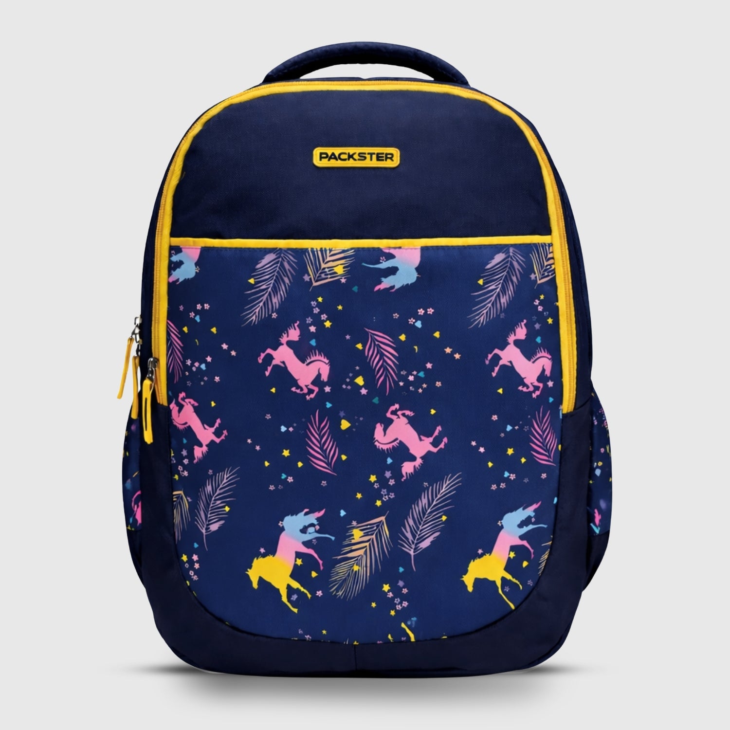 Packster Flicka School Backpack for Girls & Boys | 34L Kids School Bag with Stationery Pouch | 3 Compartments | Water-Resistant Backpack | Navy Blue Unicorn Design