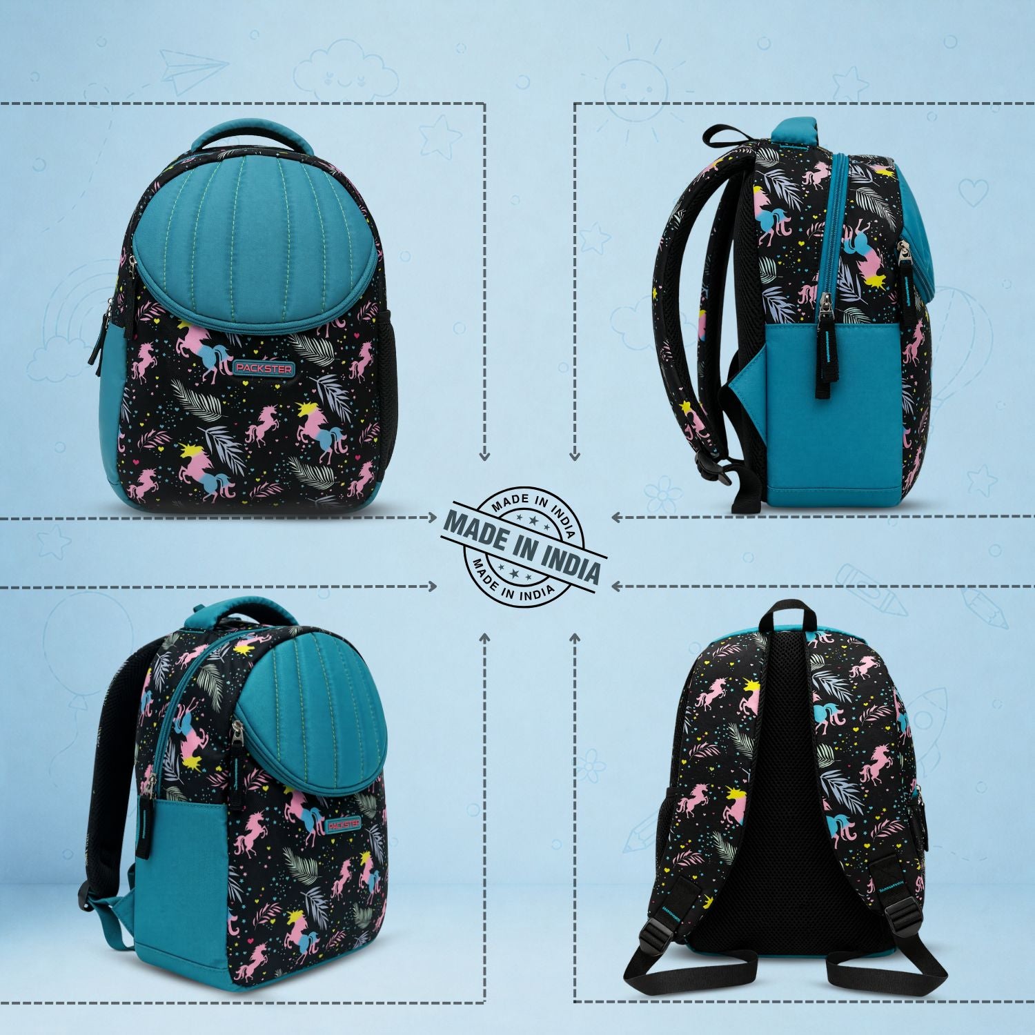 Packster SMALL-FLICKA Aqua  Black 9L Toddler Backpack | Knit Twill Polyester | Water-Resistant Kids School Bag | Padded Back | Bottle Holder | Adjustable Straps | School Bag for kids 2–5 Years