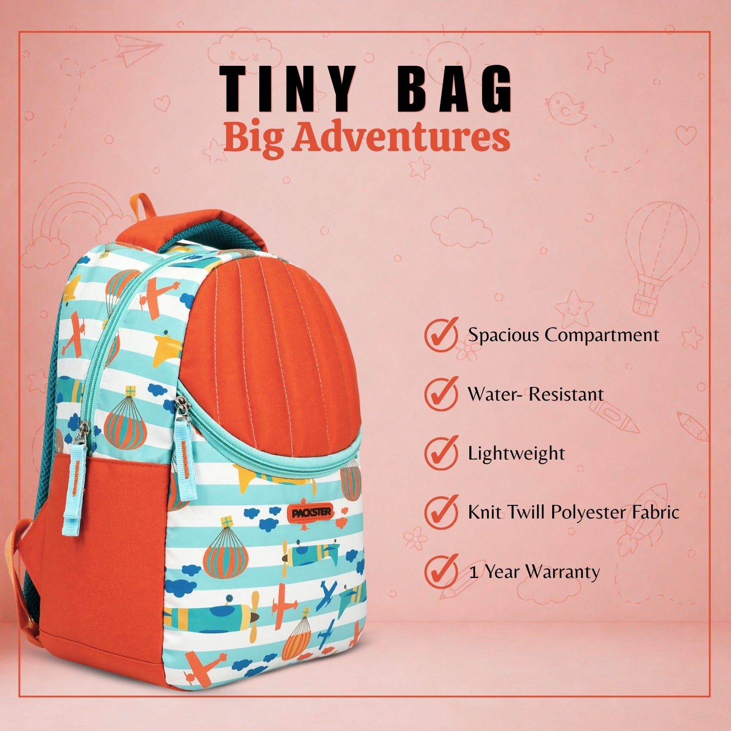 Packster SMALL TEAL PARACHUTE 9L Toddler Backpack | Parachute Print Kids School Bag | Water-Resistant | Padded Back | Front Utility Pocket | Bottle Holder | School bag for kids 2-5 Years