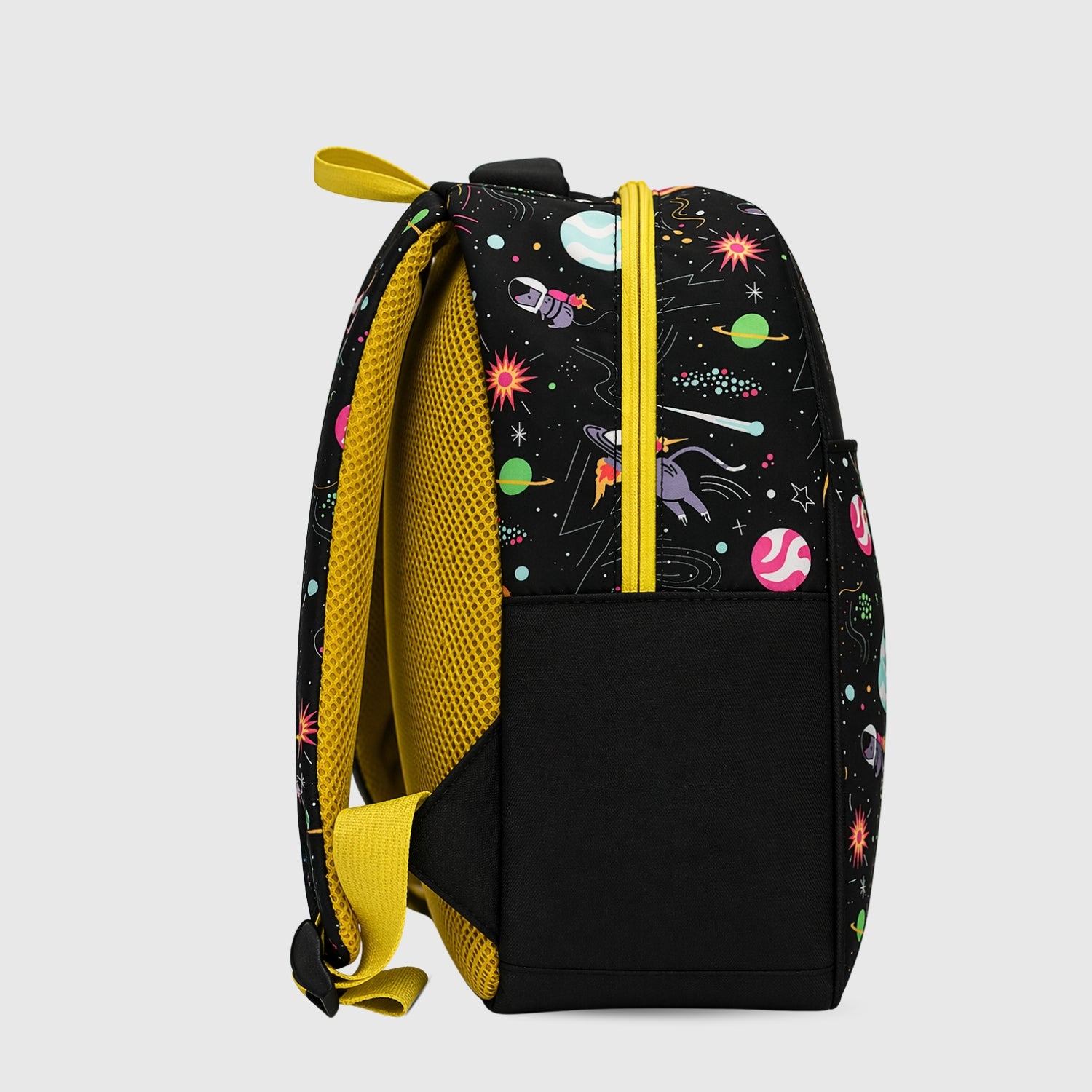 Packster SMALL-SPACE 9L Toddler Backpack Black Yellow | Space Print Kids School Bag | Lightweight Water-Resistant | Bottle Holder | 2–5 Years