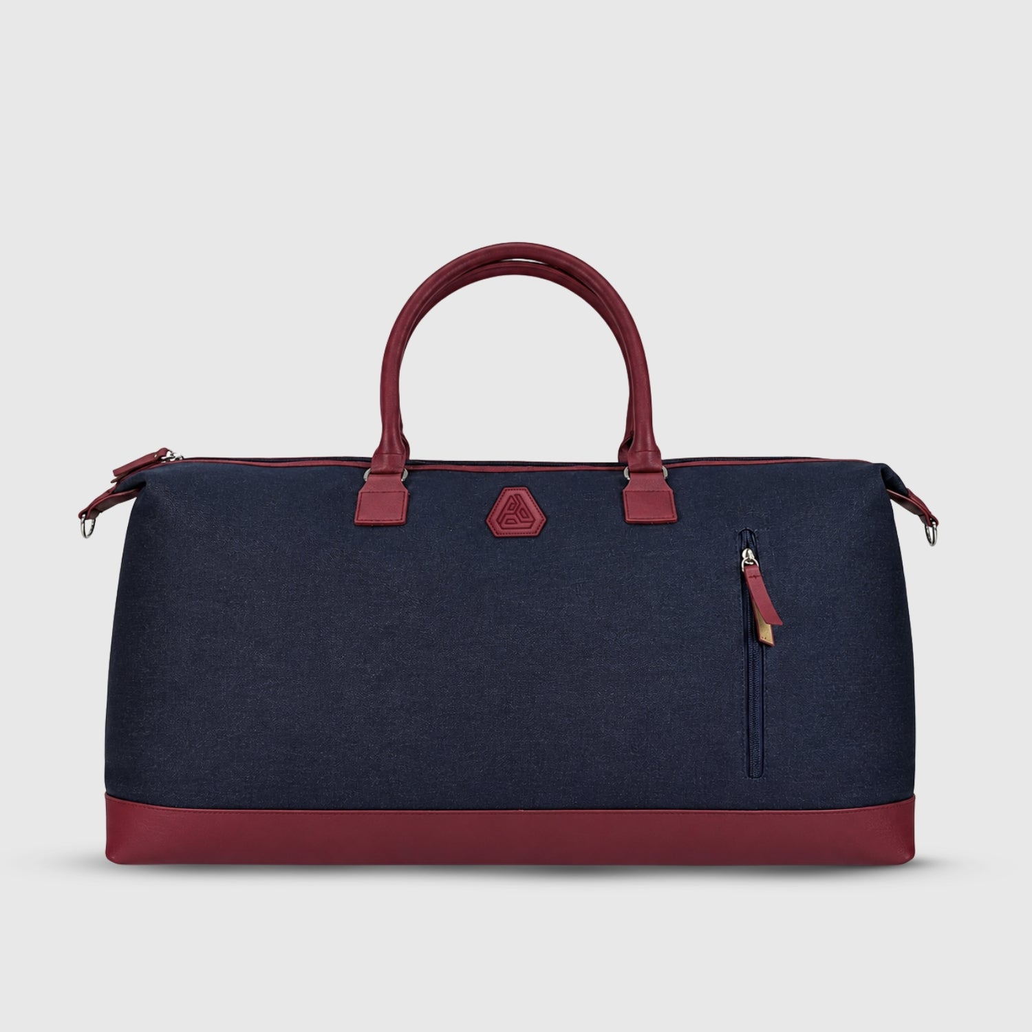 Packster Denaro 37L Navy + Maroon Weekender Duffle Bag for Men | Denim Travel Bag with Leatherette Handles, Adjustable Shoulder Strap, Front Zip Pocket & Water-Resistant Design
