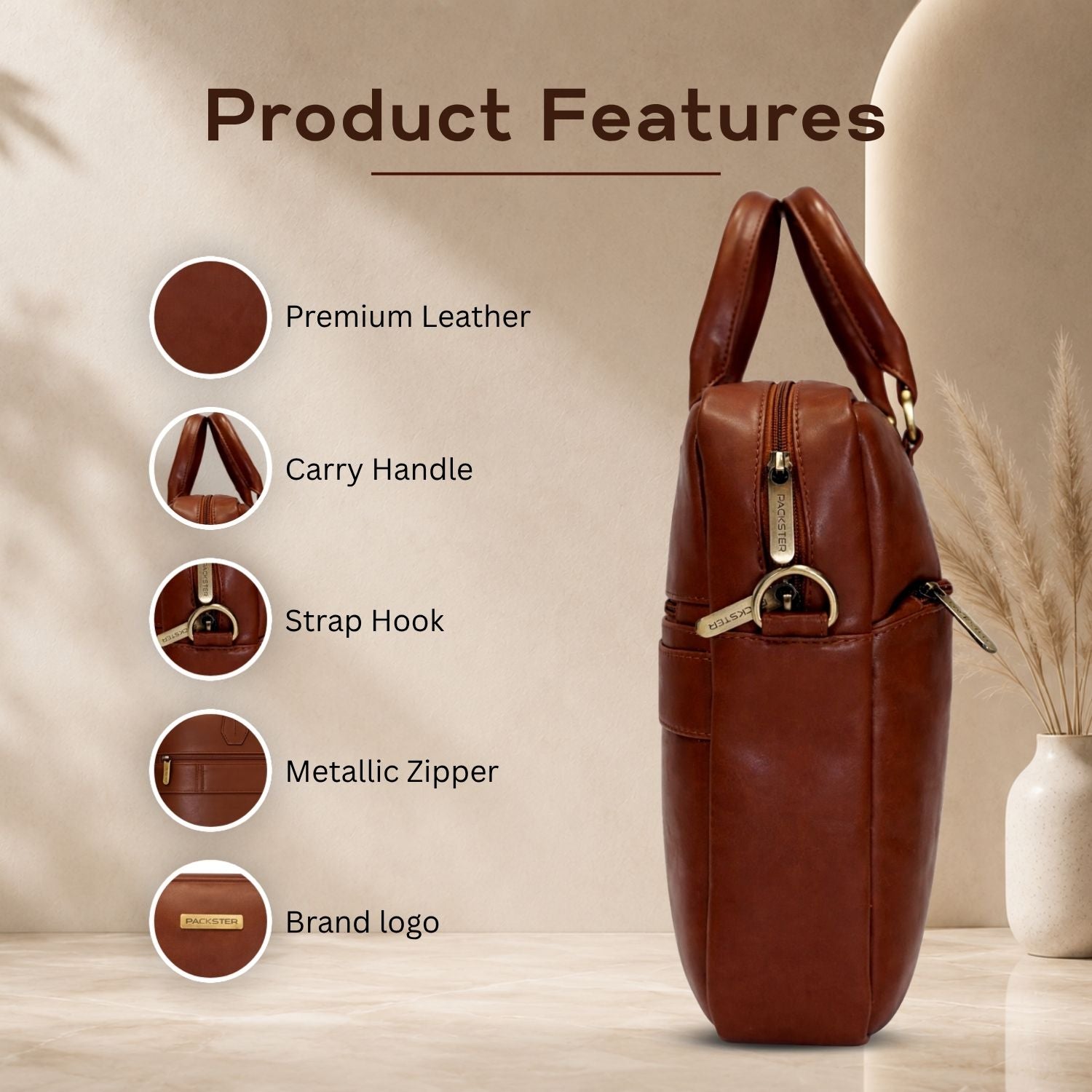 Packster Tan Laptop Messenger Bag for Men | Premium Vegan Leather Office Bag with 15.6 Inch Laptop Compartment, Trolley Sleeve & Organizer