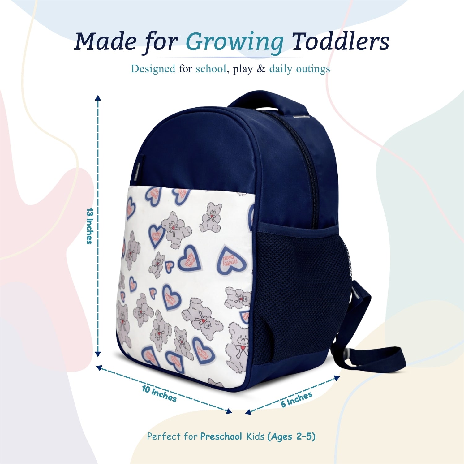 Packster PRE-Bear Blue 9L Toddler Backpack | Knit Twill Polyester | Water-Resistant Kids School Bag | Padded Back | Bottle Holder | Adjustable Straps | School bag for kids 3-5 Years