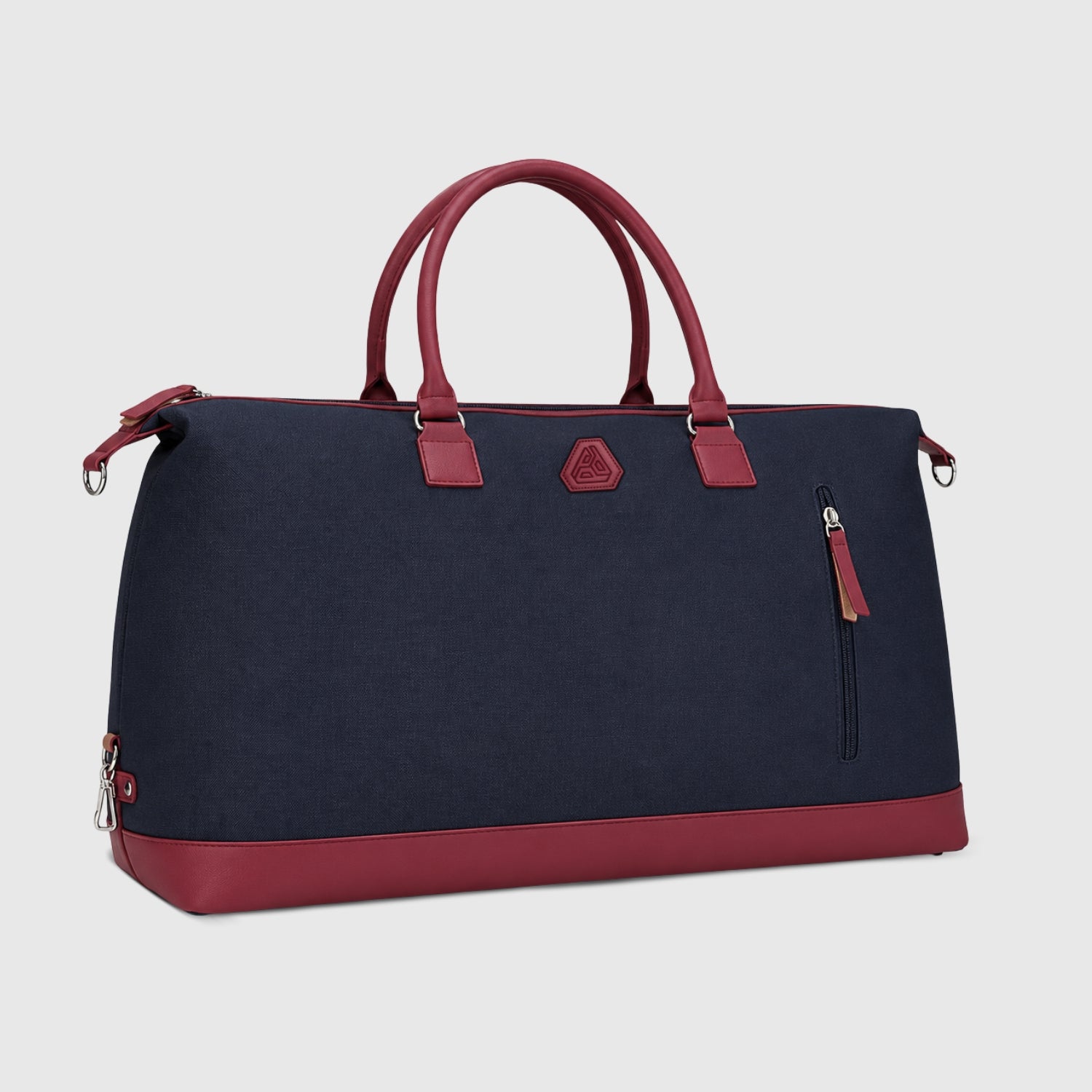 Packster Denaro 37L Navy + Maroon Weekender Duffle Bag for Men | Denim Travel Bag with Leatherette Handles, Adjustable Shoulder Strap, Front Zip Pocket & Water-Resistant Design