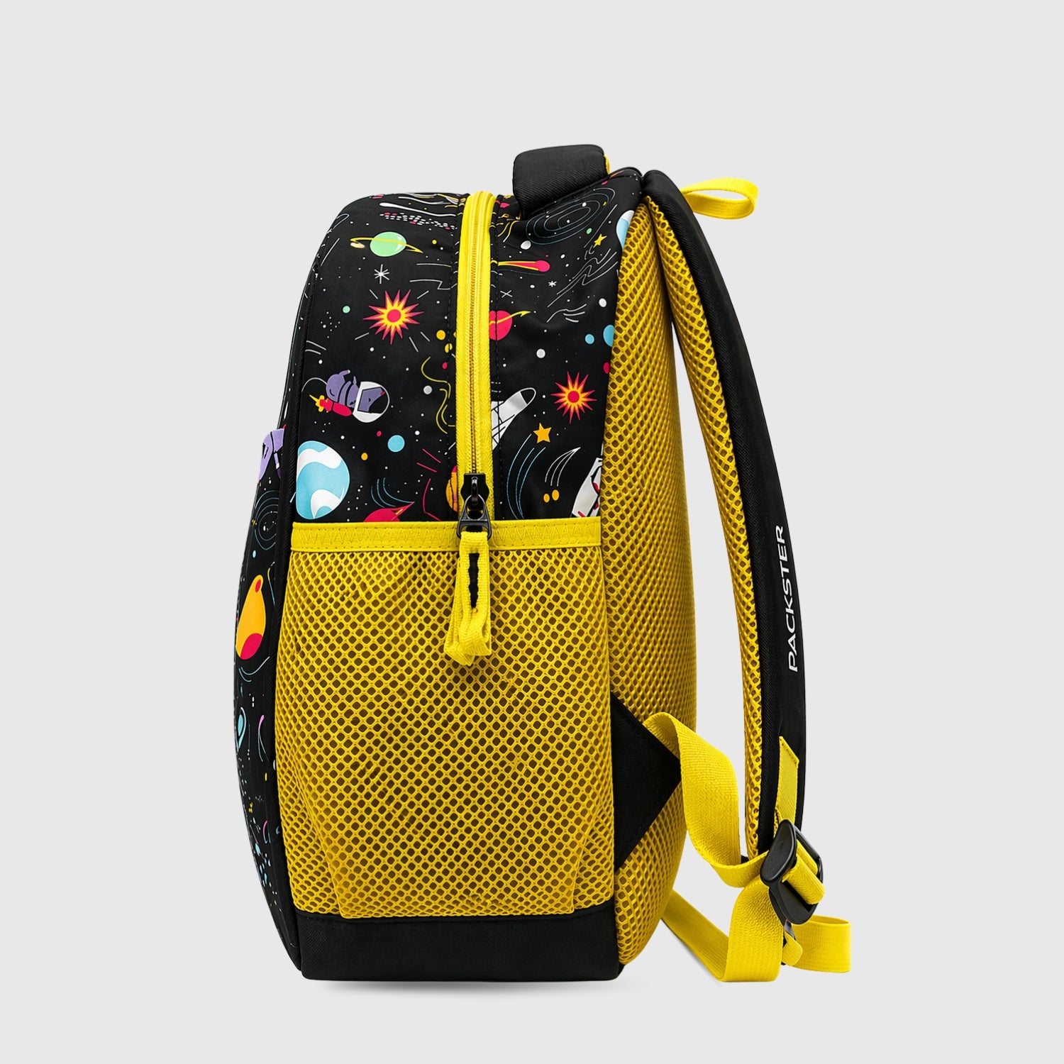 Packster SMALL-SPACE 9L Toddler Backpack Black Yellow | Space Print Kids School Bag | Lightweight Water-Resistant | Bottle Holder | 2–5 Years