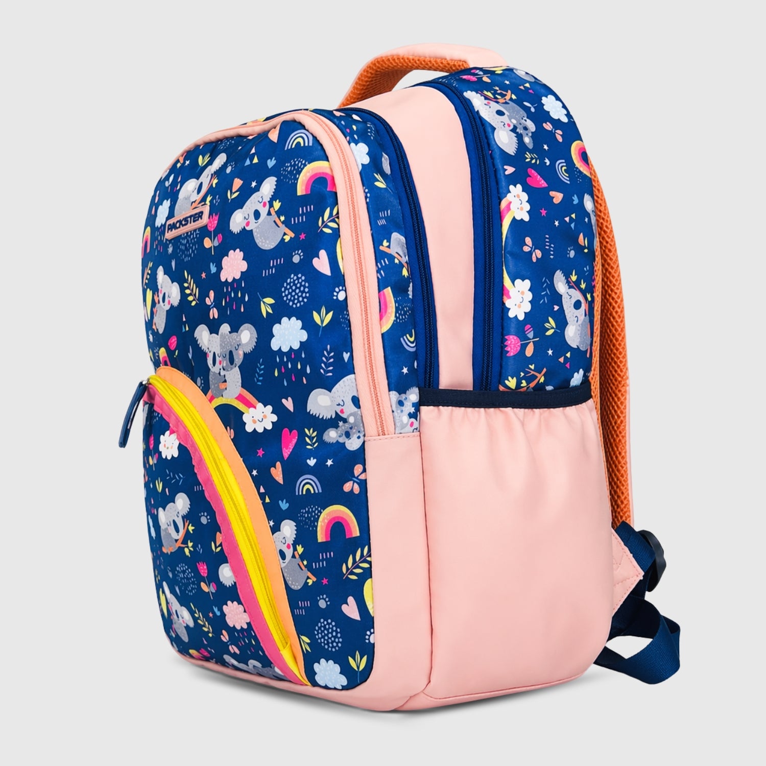 Packster BTS Raw Rainbow 30L Kids School Backpack for Girls 8–10 Years | Light Navy Koala Print School Bag with Triple Compartment, Bottle Pockets & Stationery Pouch