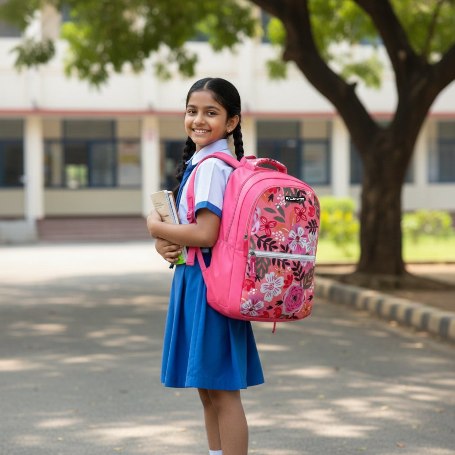 Packster BTS Bloom 21L Kids School Backpack for Girls | Triple Compartment | Easy Access Pocket | Water-Resistant Lightweight Bag | Padded Back & Straps | Age 7–9 Years (Fiery Rose Pink)